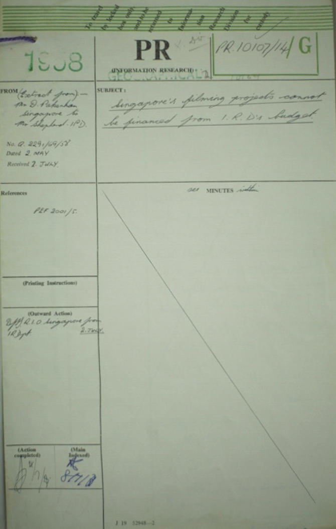 [Letter to the Information Research Department by the Office of the Commissioner General for the UK in S.E. Asia in Regard of Film Budgets]