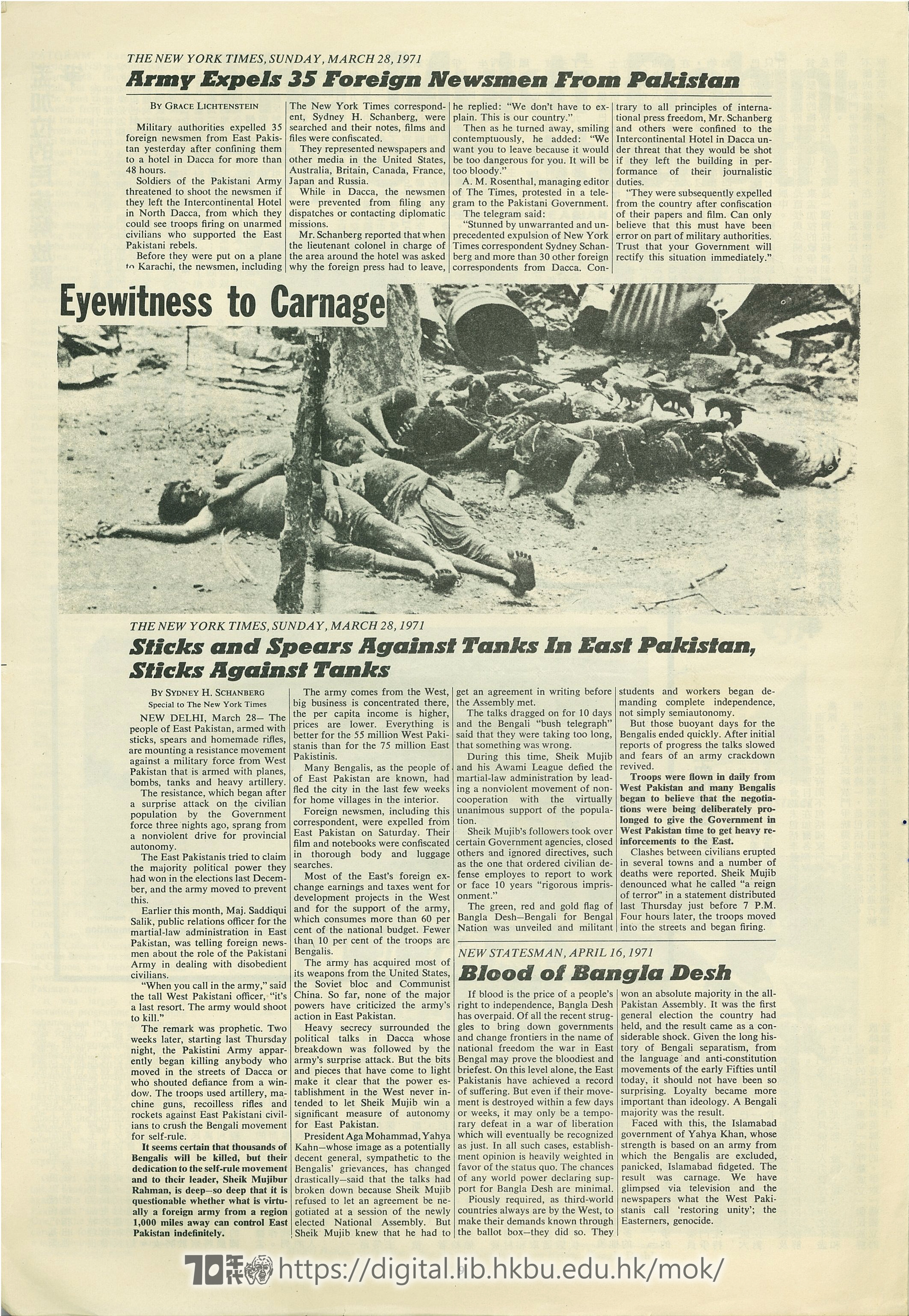  Special Issue Sticks and spear against tanks in East Pakistan, Sticks against tanks The New York Times, Sunday, March 28, 1971 