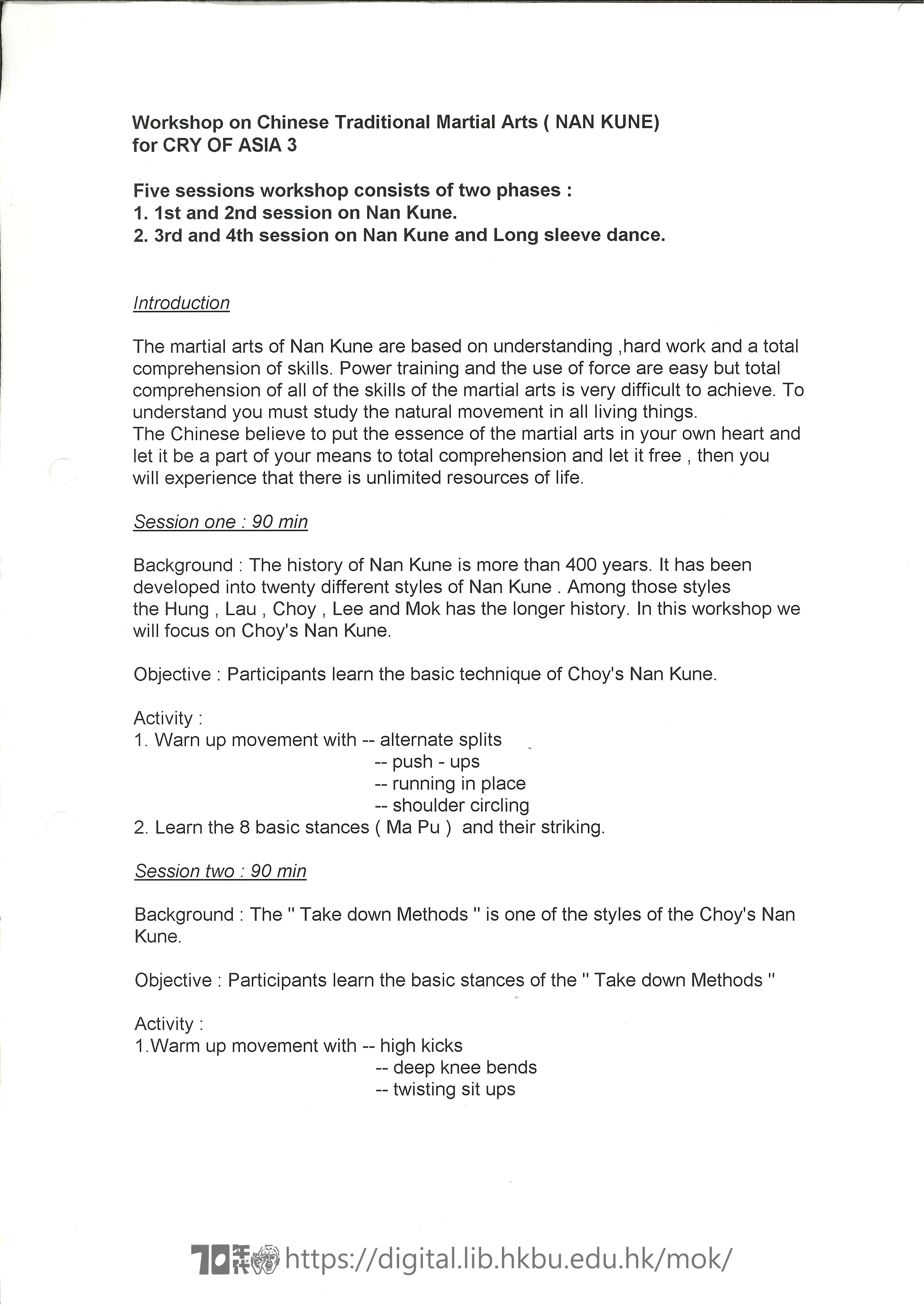 Cry of Asia  Outline of Workshop on Chinese traditional martial arts (Nan Kune) for Cry Of Asia 3  