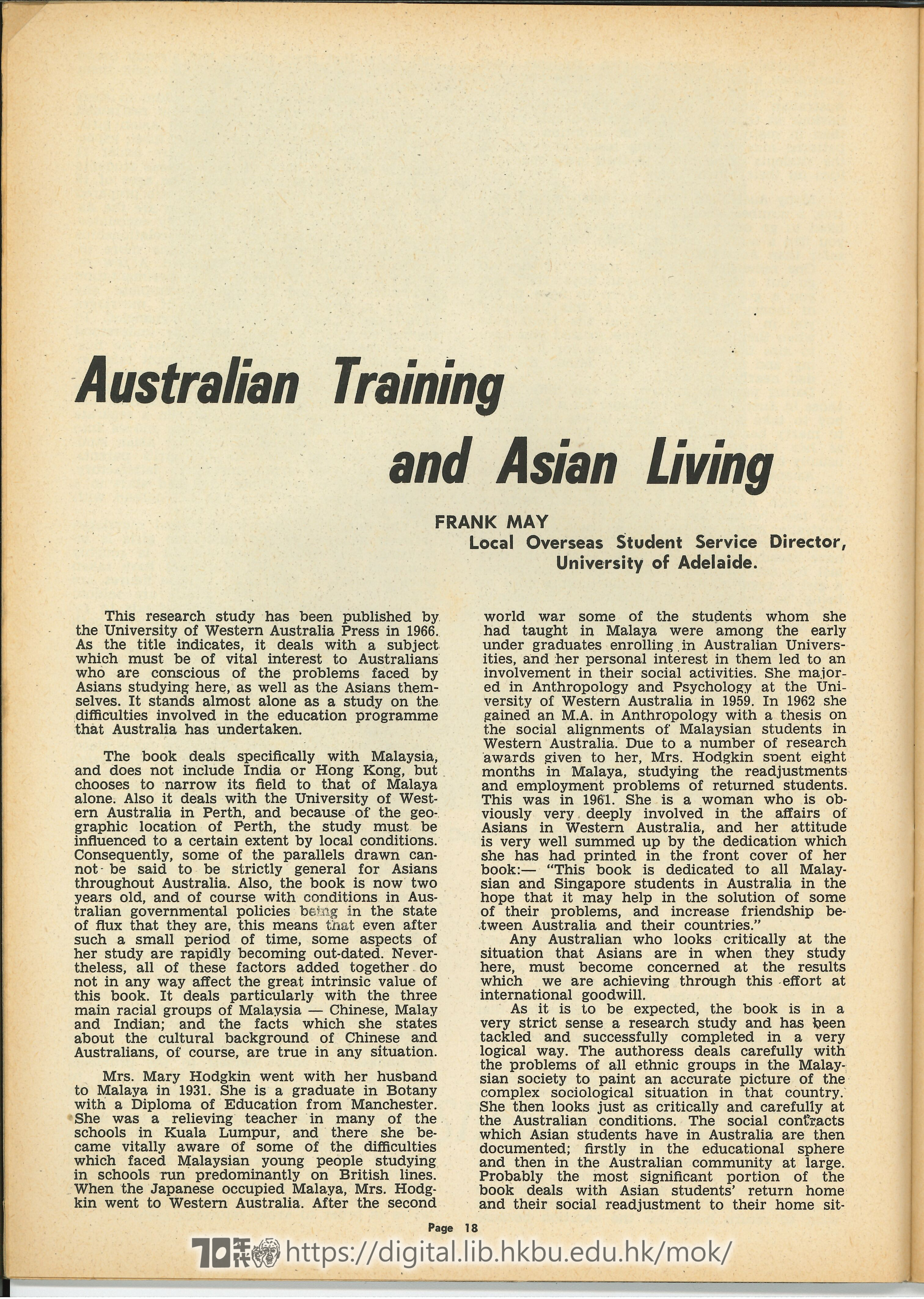   Australian Training and Asian Living MAY, Frank 