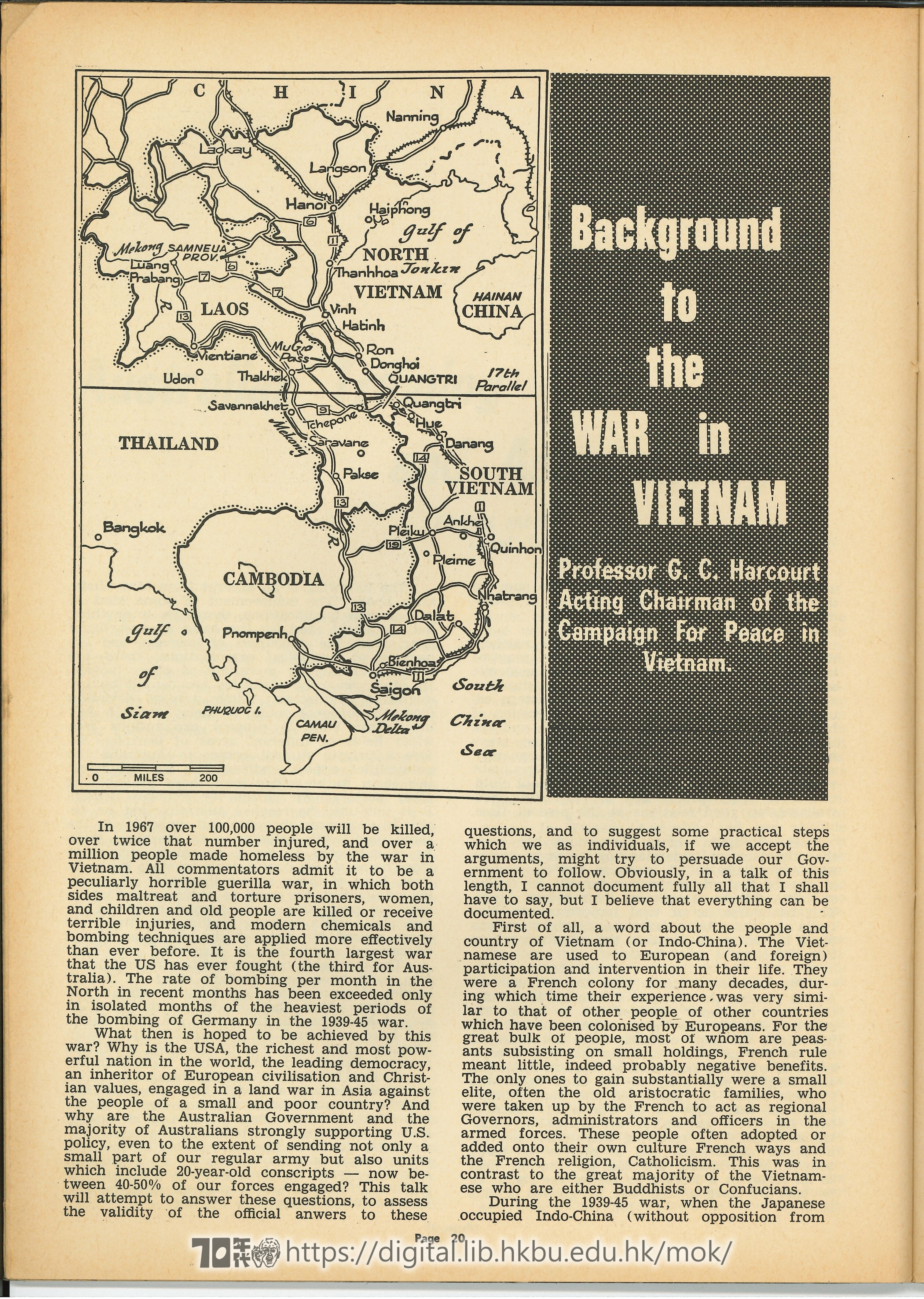   Background to the War in Vietnam HARCOURT, G. C. 