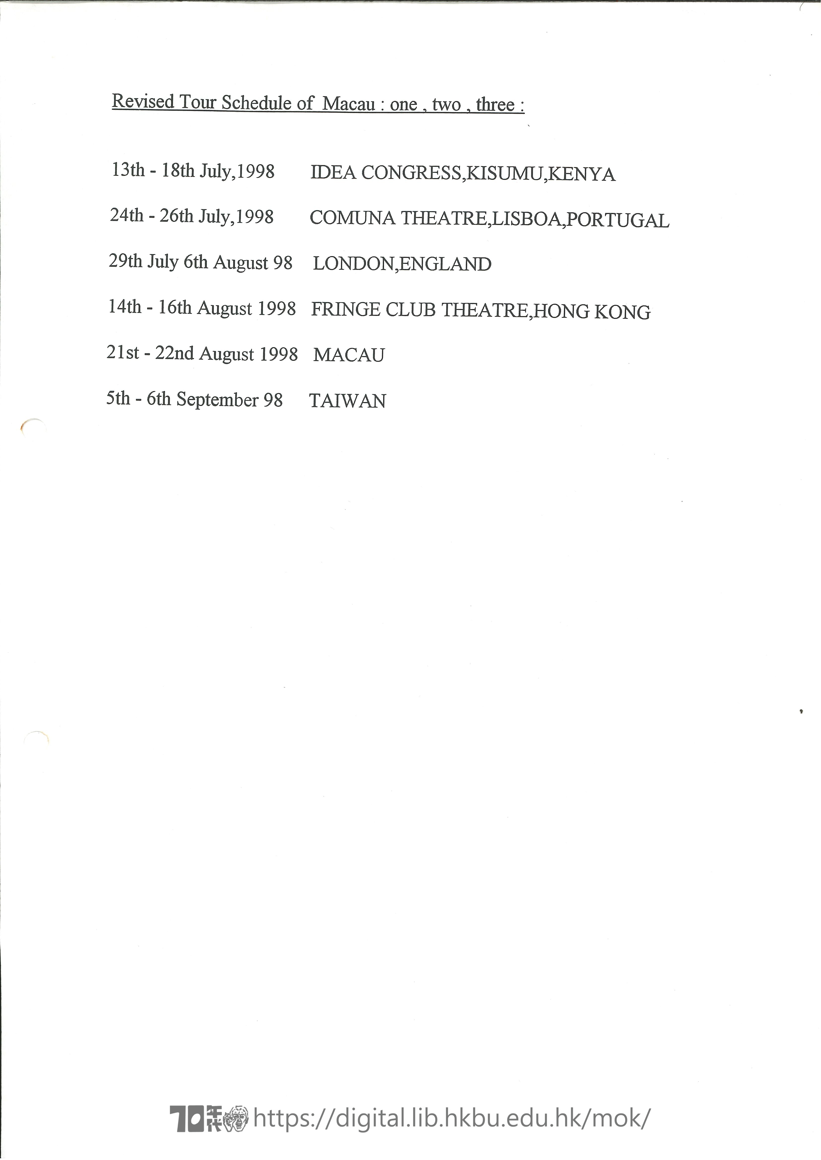 Macau 123  Revised Tour Schedule of Macau 1 2 3  