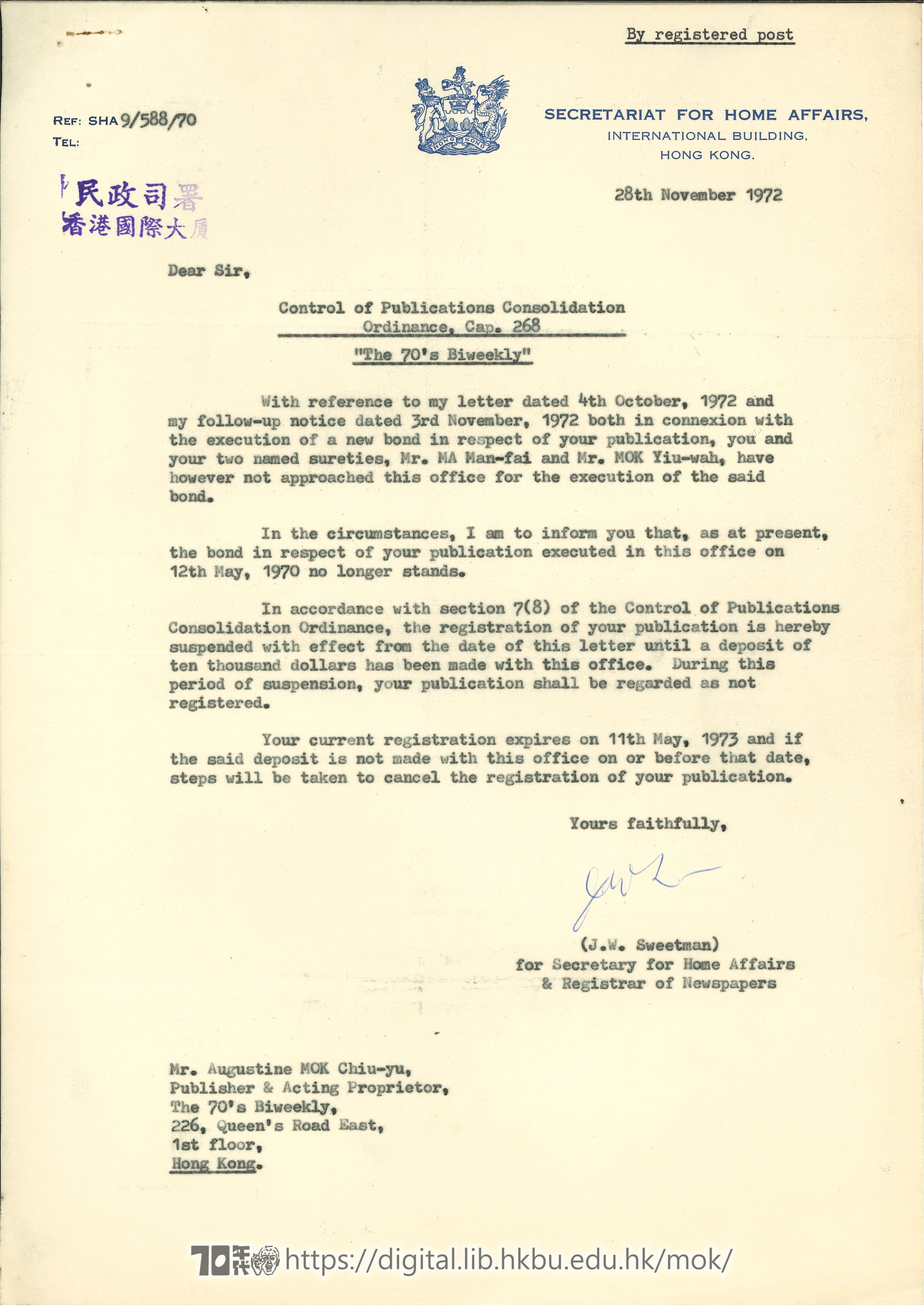   Letter from J.W. Sweetman to Mok Chiu Yu SWEETMAN, J.W. 