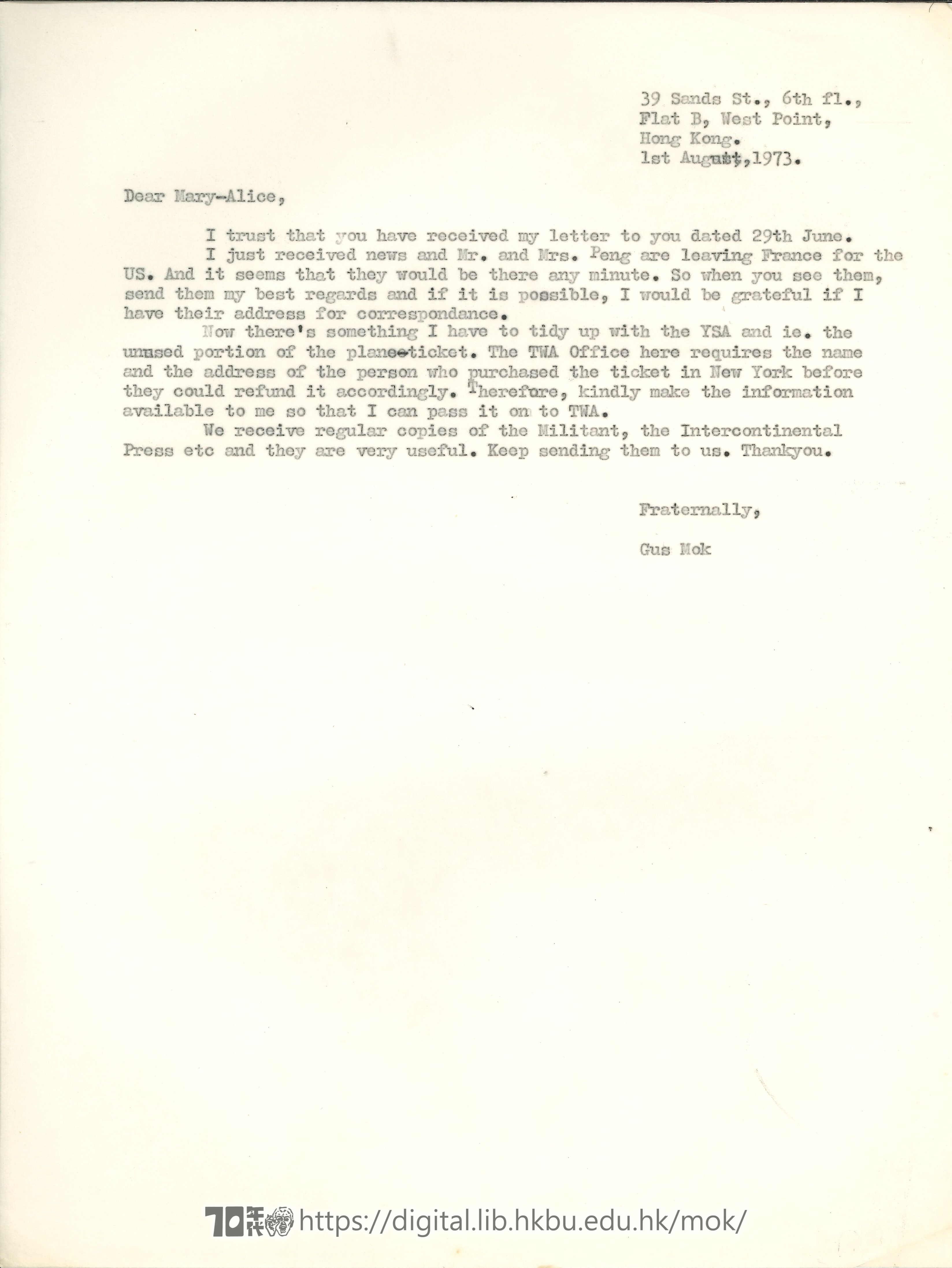   Letter from Gus Mok to Mary-Alice MOK, Chiu Yu 