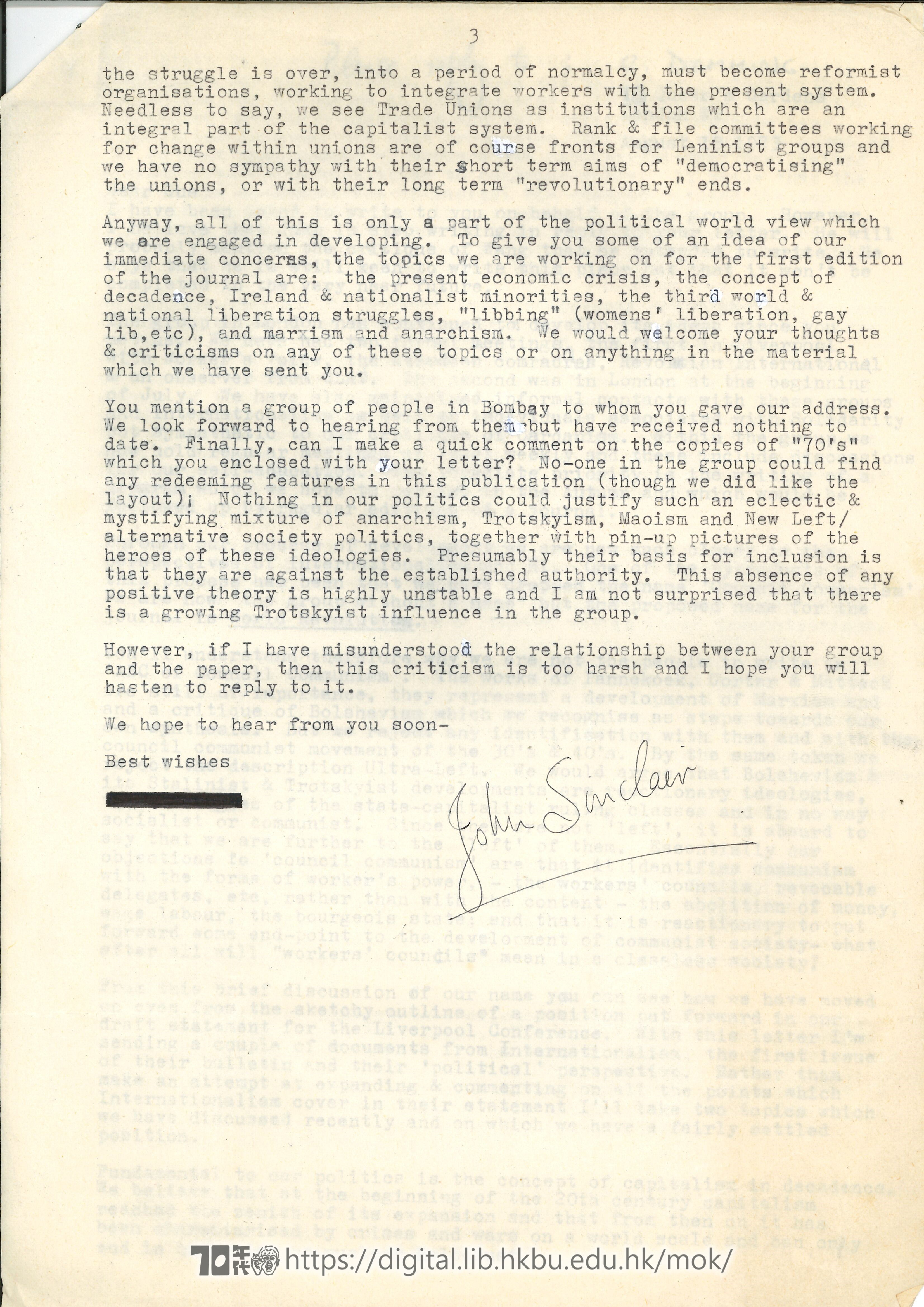   Letter from John Sinclair to Mok Chiu Yu SINCLAIR, John 