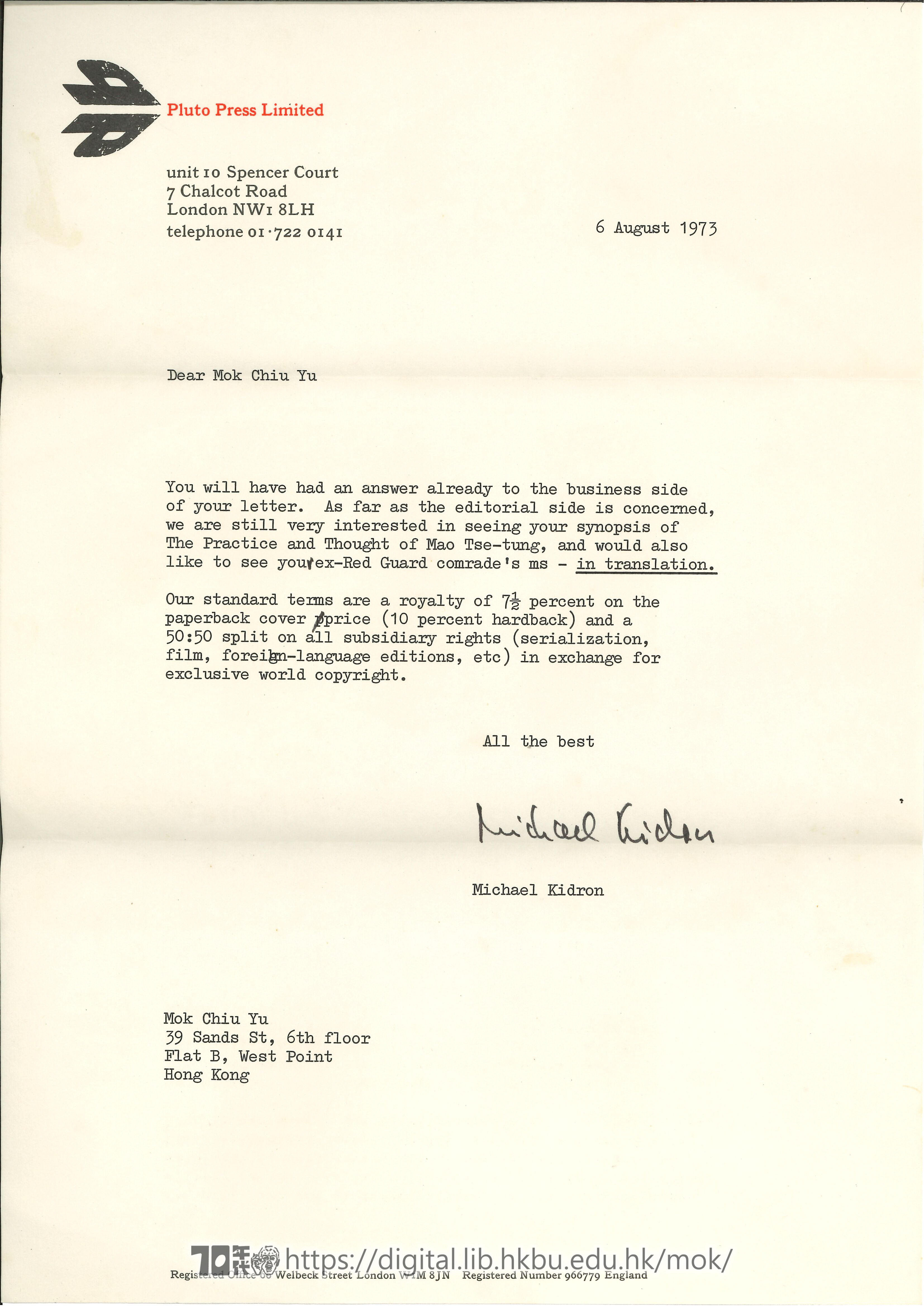   Letter from Micheal Kidron to Mok Chiu Yu KIDRON, Micheal 