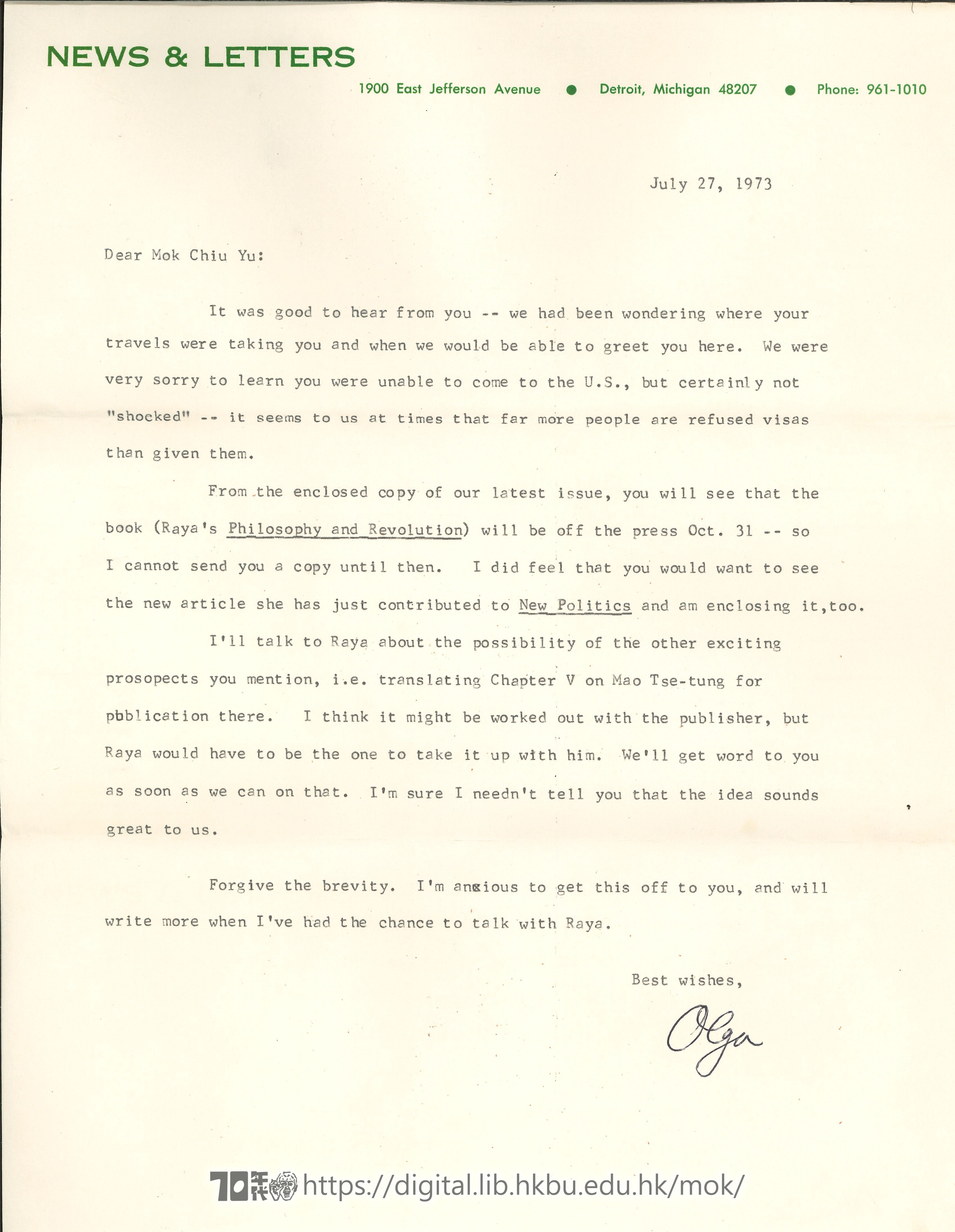   Letter from Olga to Mok Chiu Yu Olga 