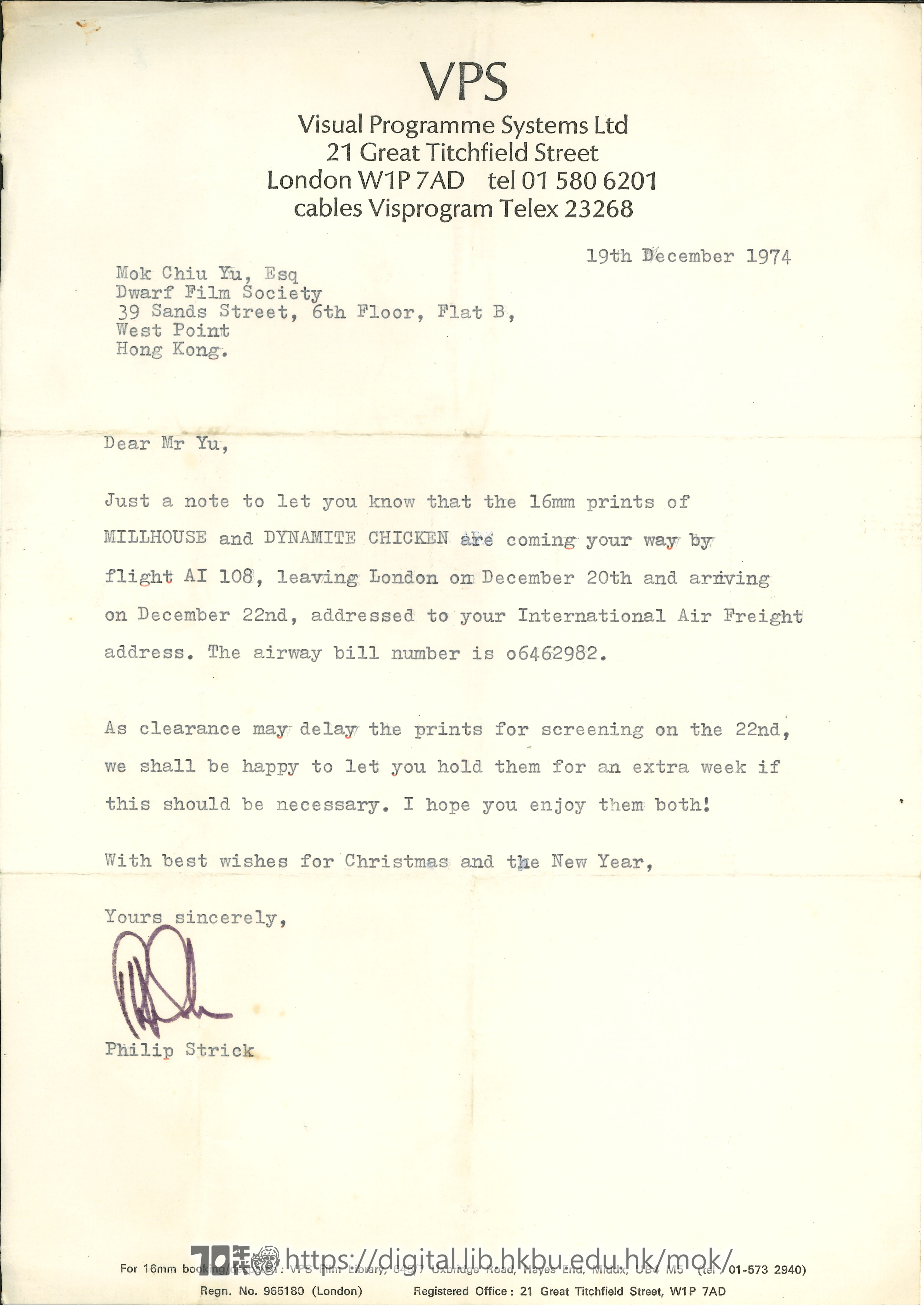   Letter from Philip Strick to Mok Chiu Yu STRICK, Philip 
