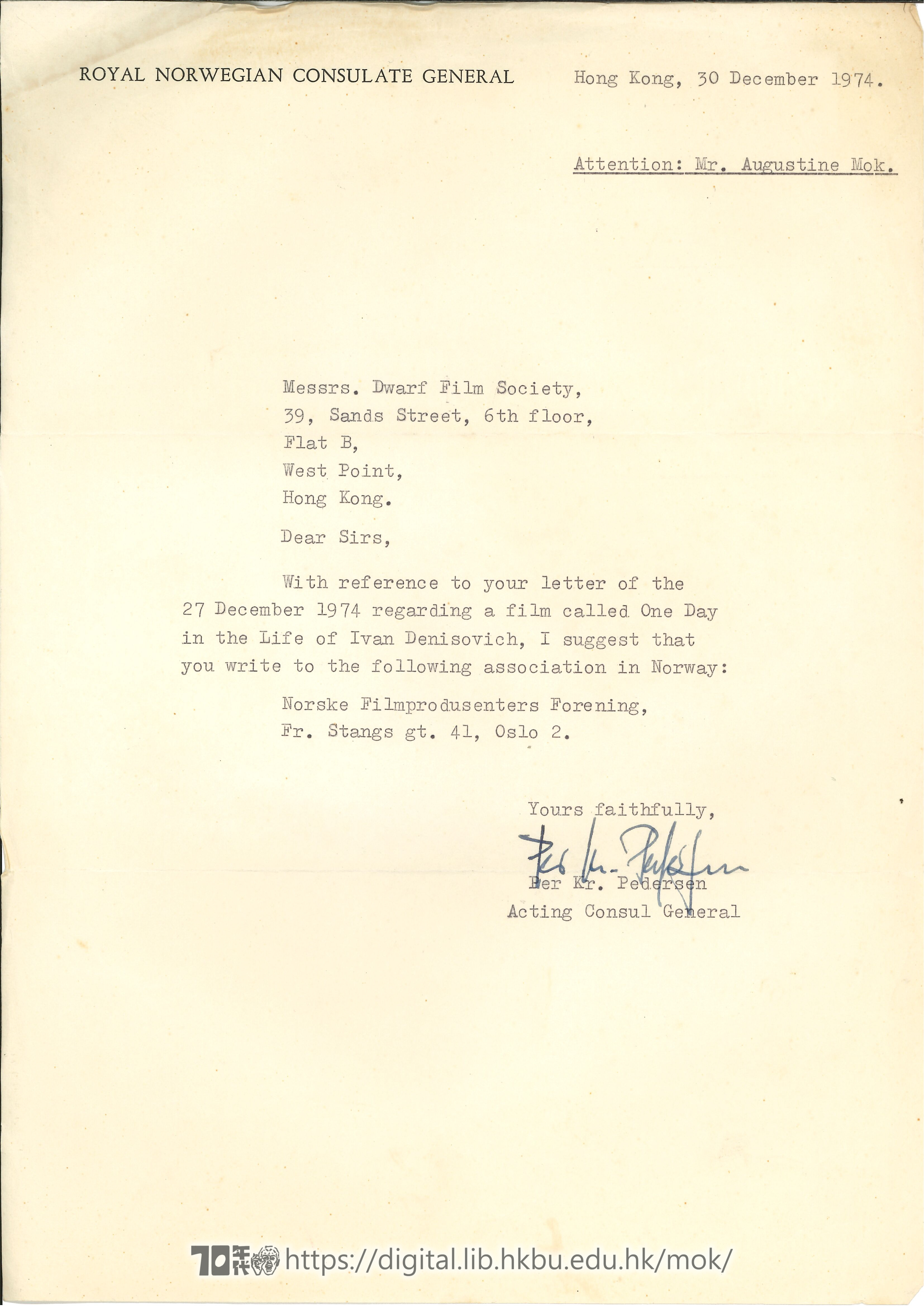   Letter from Ber Kr. Pederson to Mok Chiu Yu Pederson, Ber Kr. 