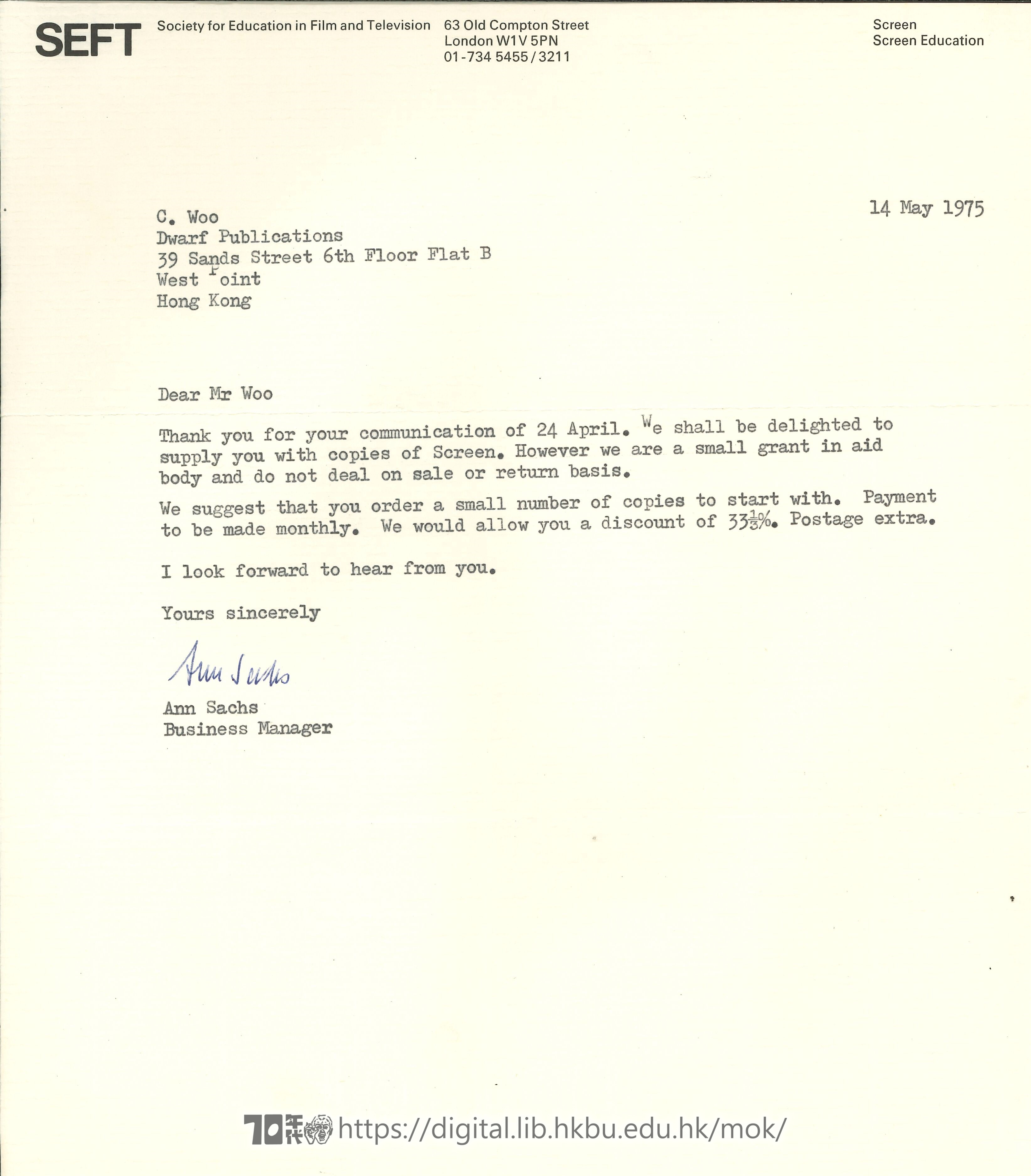   Letter from Anna Sachs, Society for Education in Film and Television to Mr Woo SACHS, Anna 
