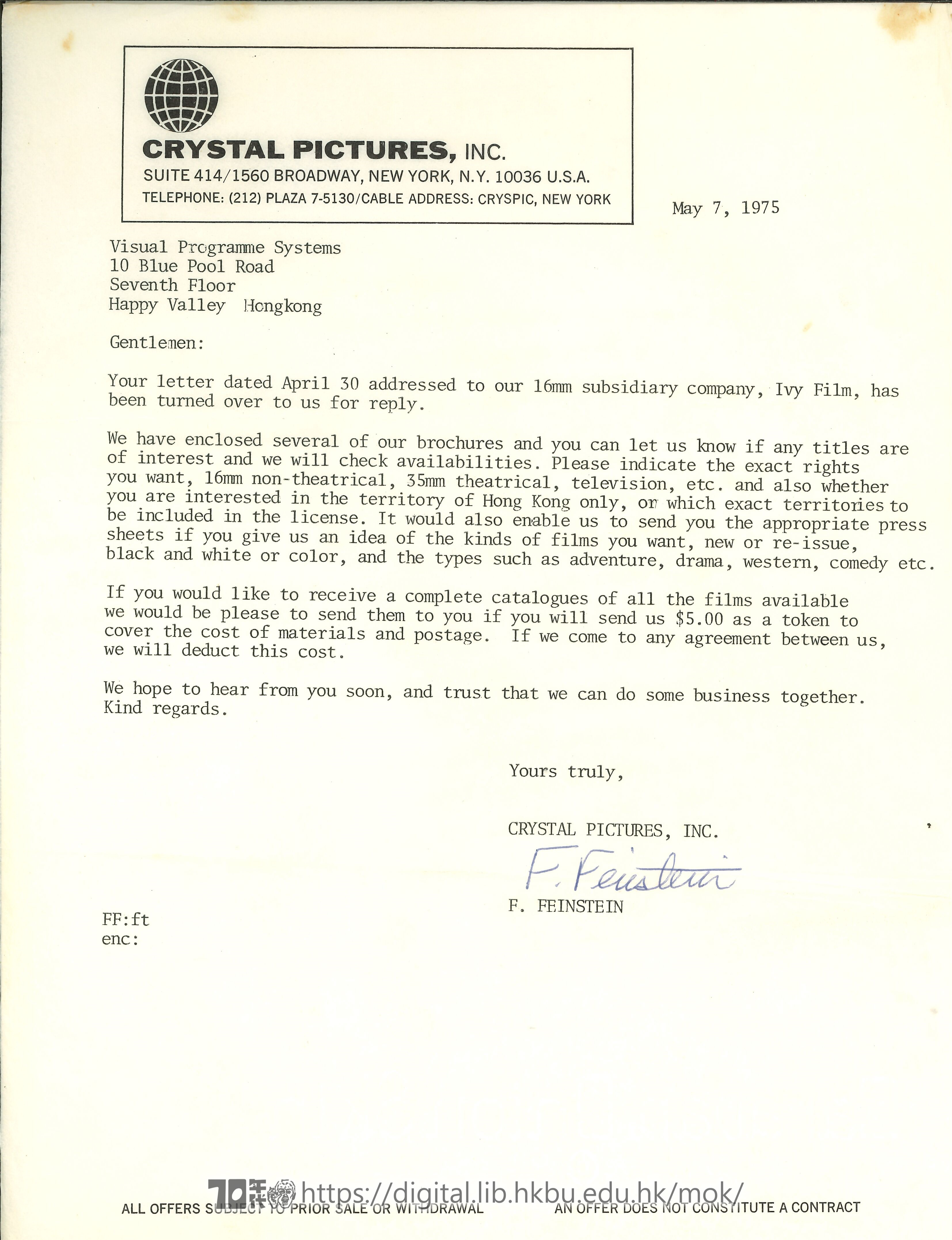   Letter from F. Feinstein, Crystal Pictures FEINSTEIN, F. 