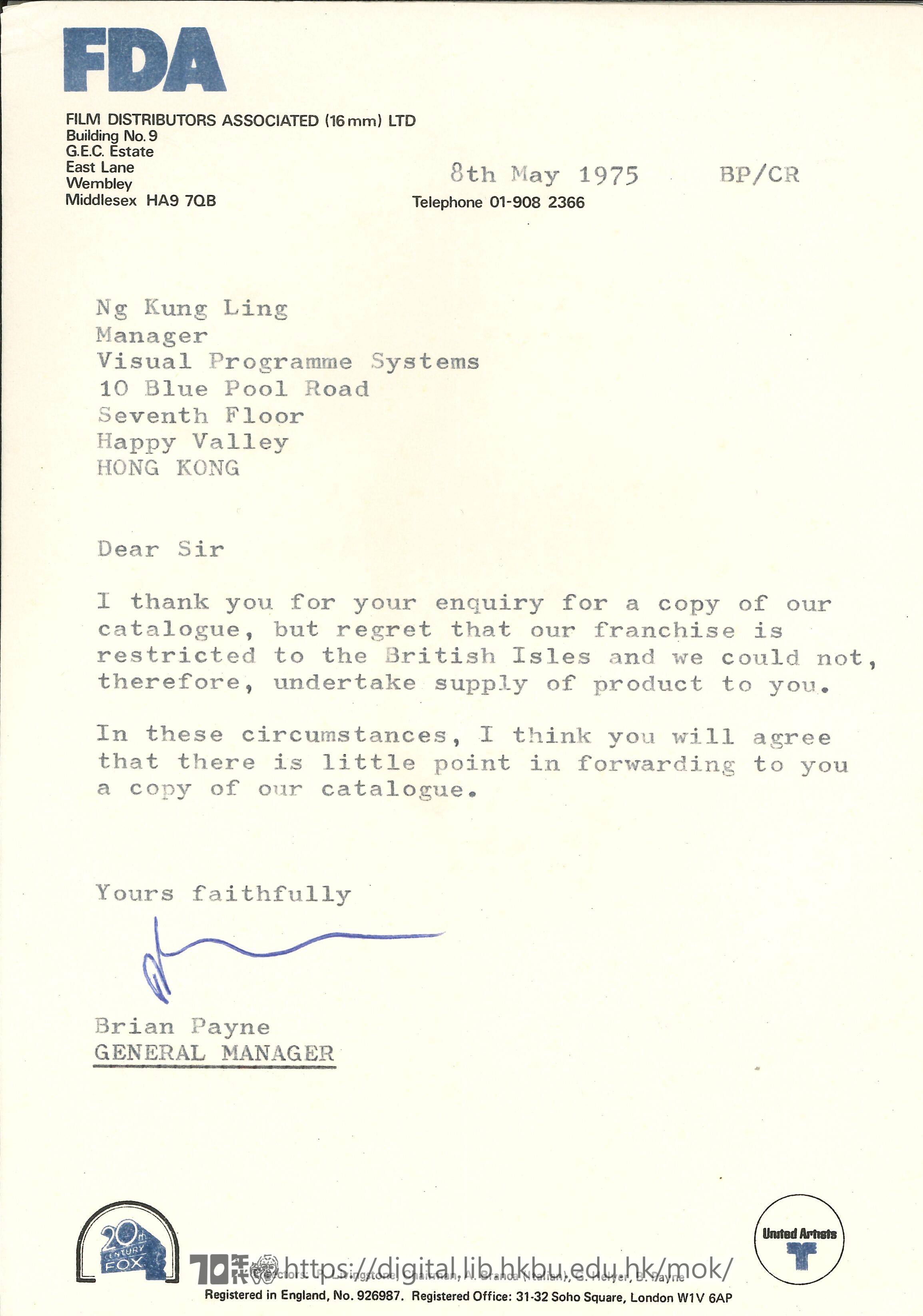   Letter from Brian Payne to Ng Kung Ling PAYNE, Brian 