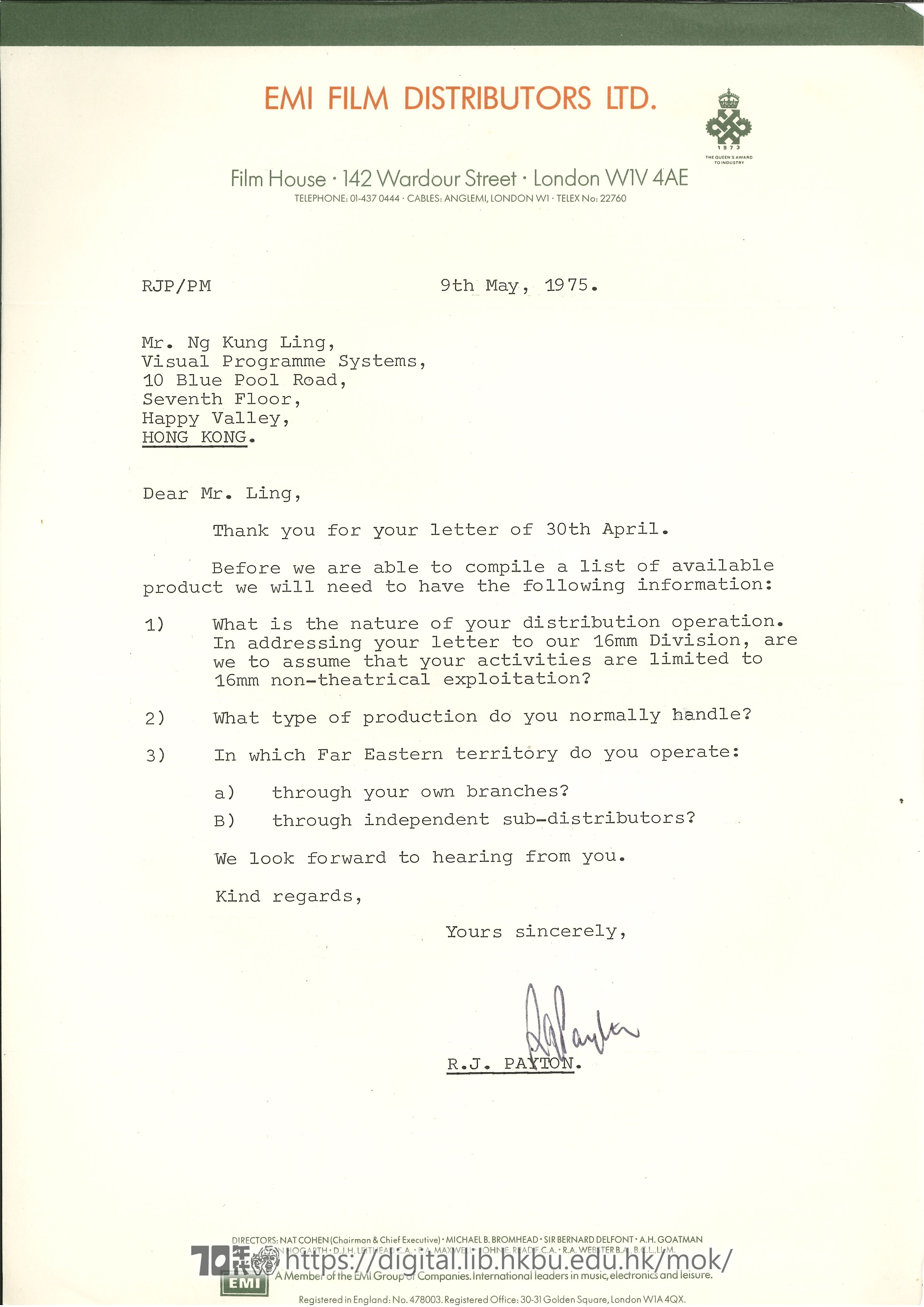   Letter from R.J. Payton to Ng Kung Ling PAYTON, R.J. 