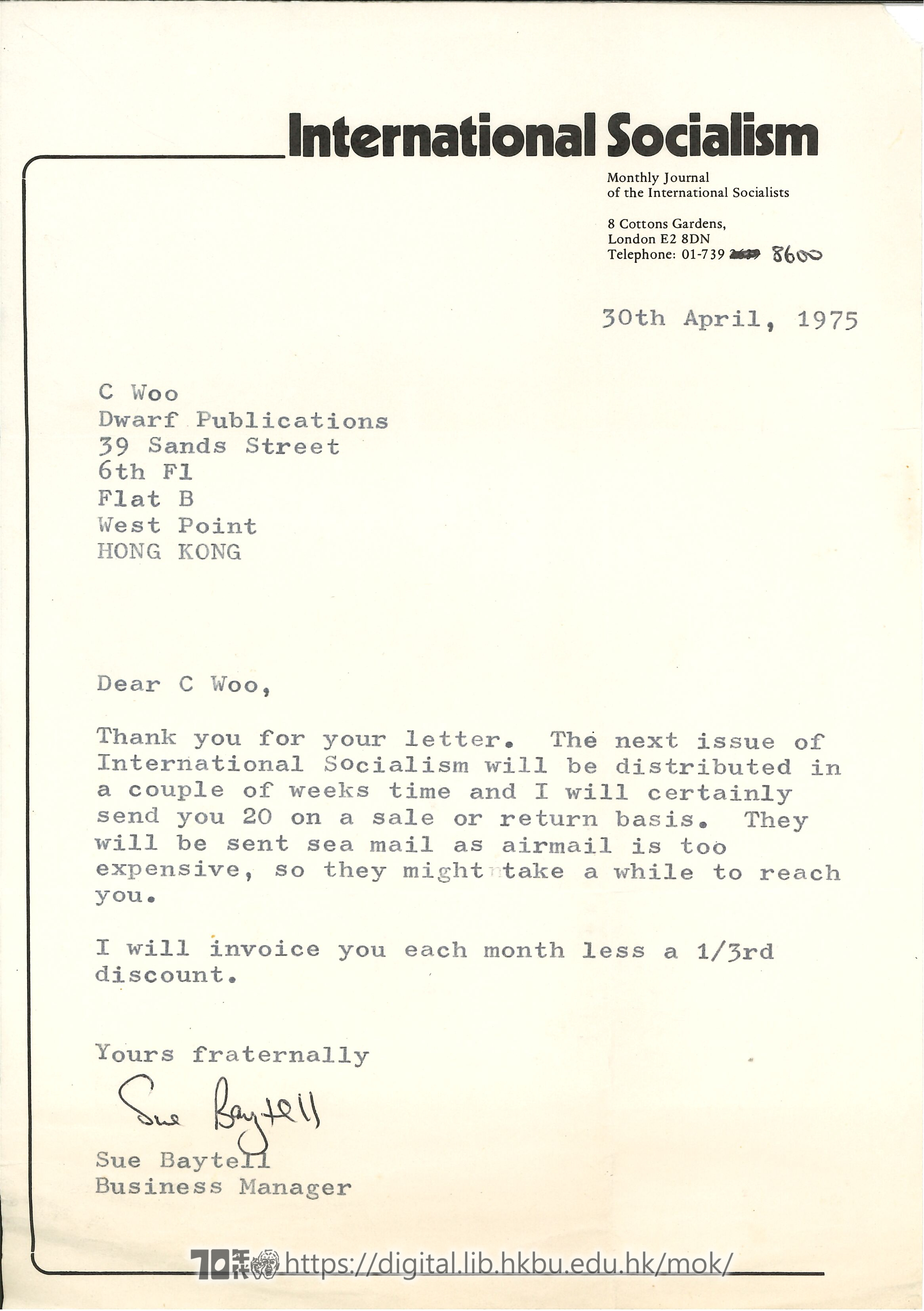   Letter from Sue Baytell to C. Woo BAYTELL, Sue 