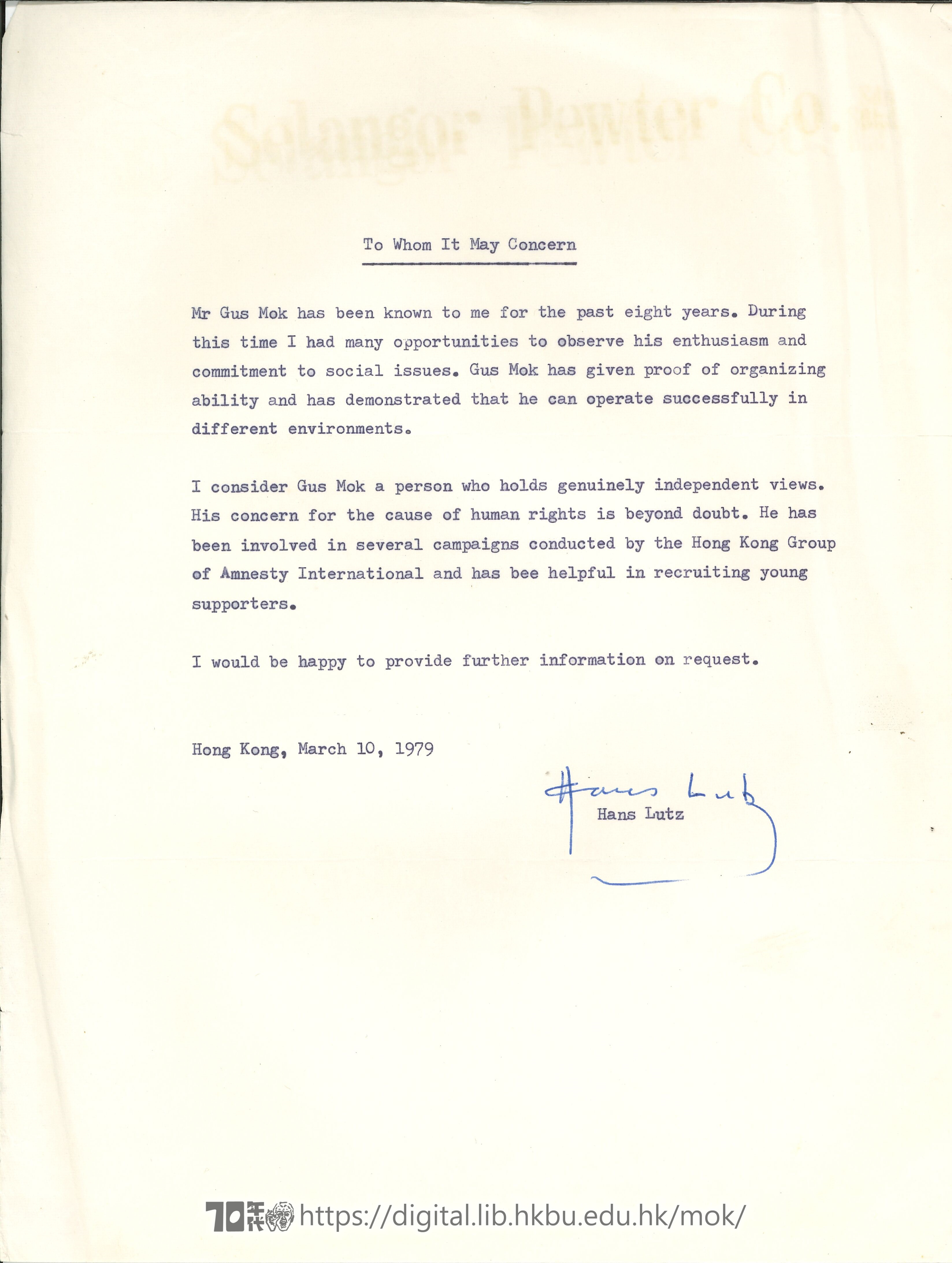  Reference Letter by Hans Lutz  