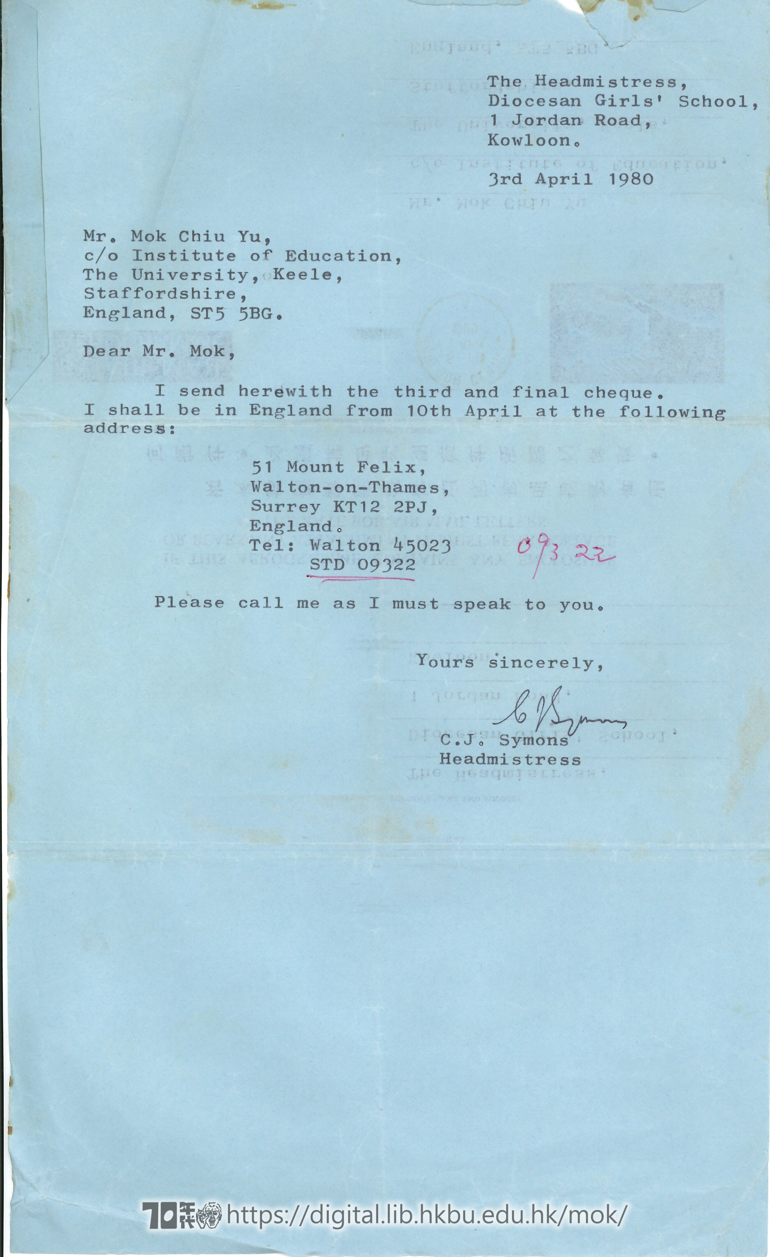   Letter from C.J. Symons to Mok Chiu Yu SYMONS, C.J. 