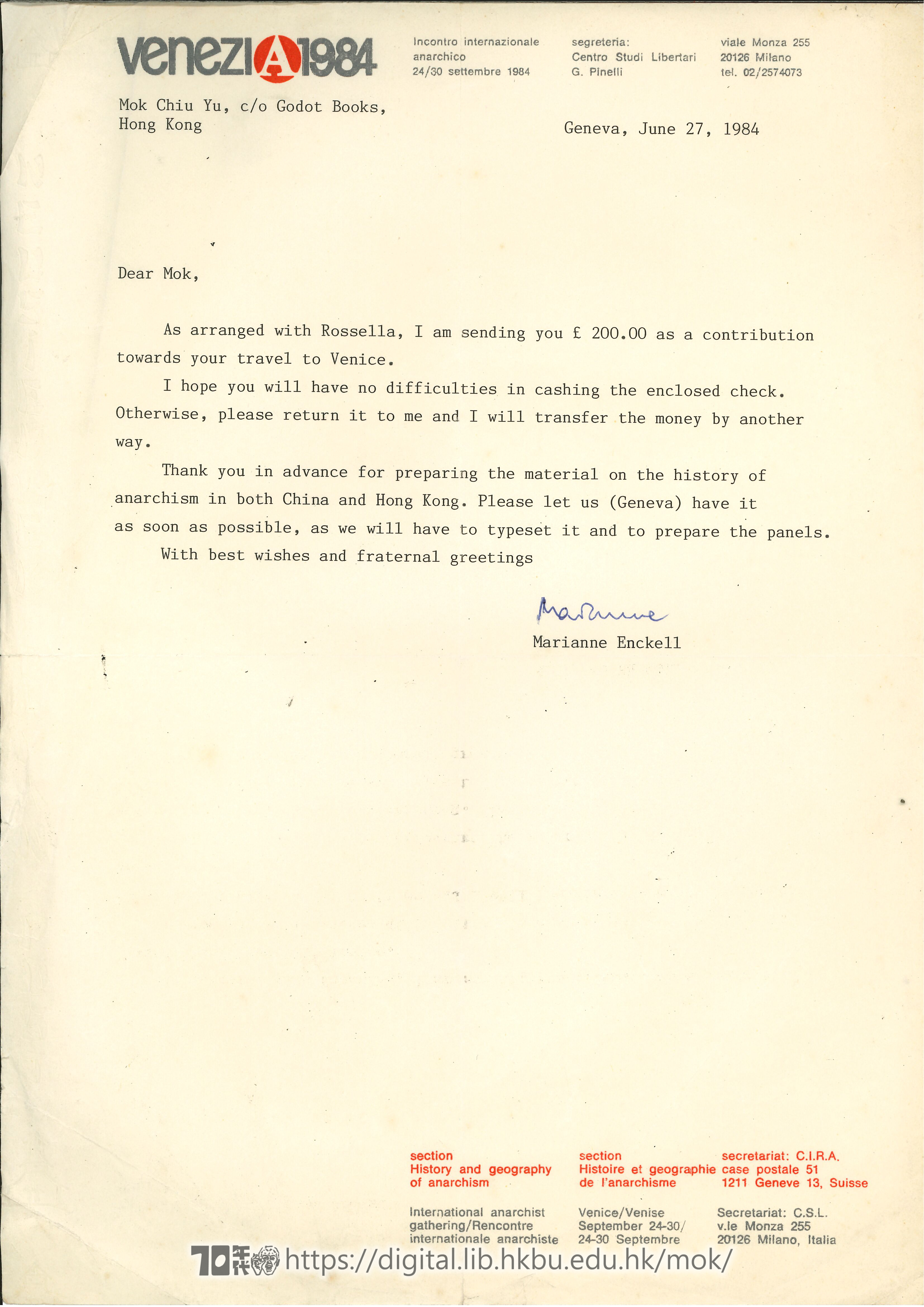   Letter from Marianne Enckell to Mok Chiu-yu  