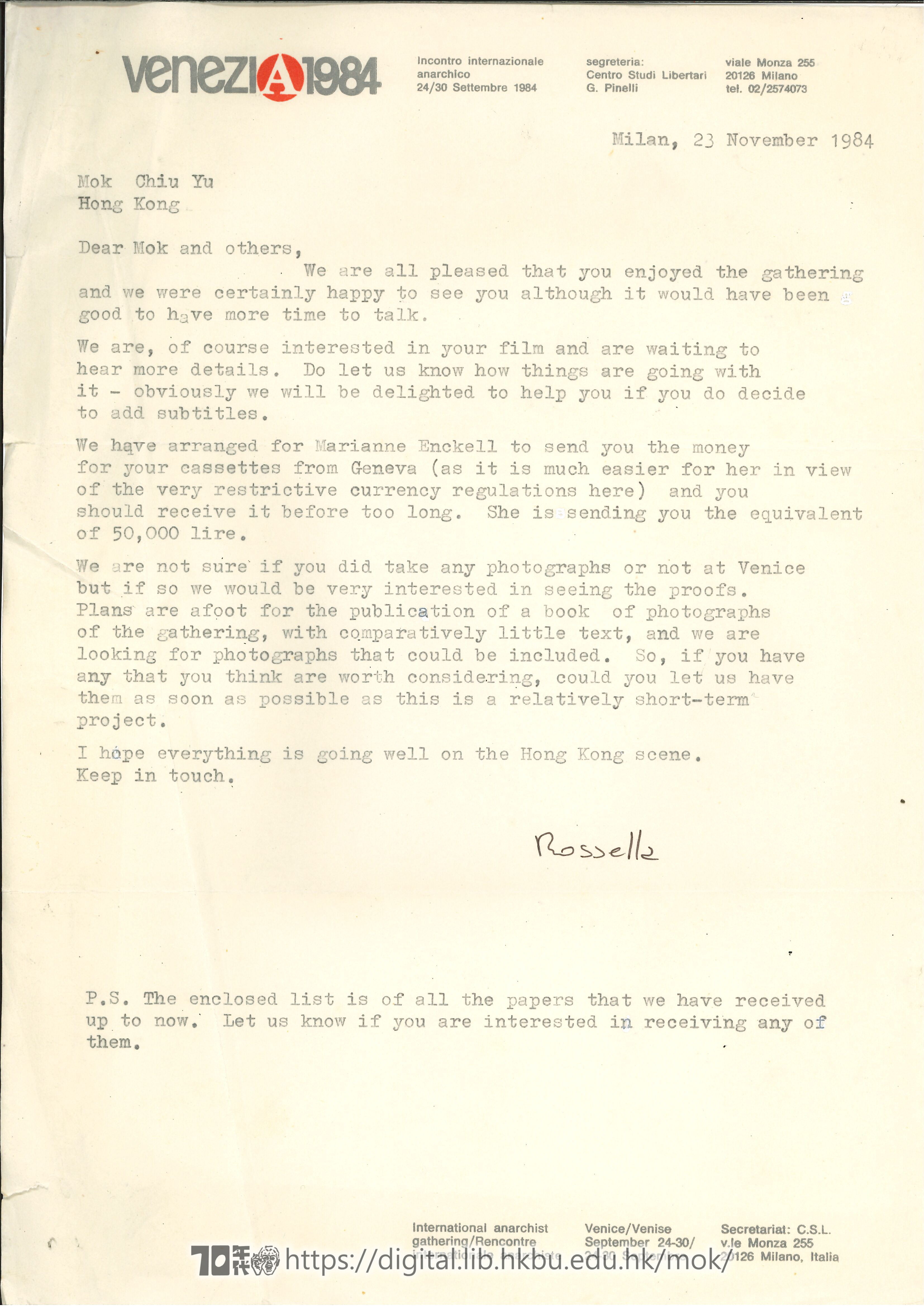   Letter from Rossella  (Milan,  VENEZIA1984) to Mok Chiu Yu  