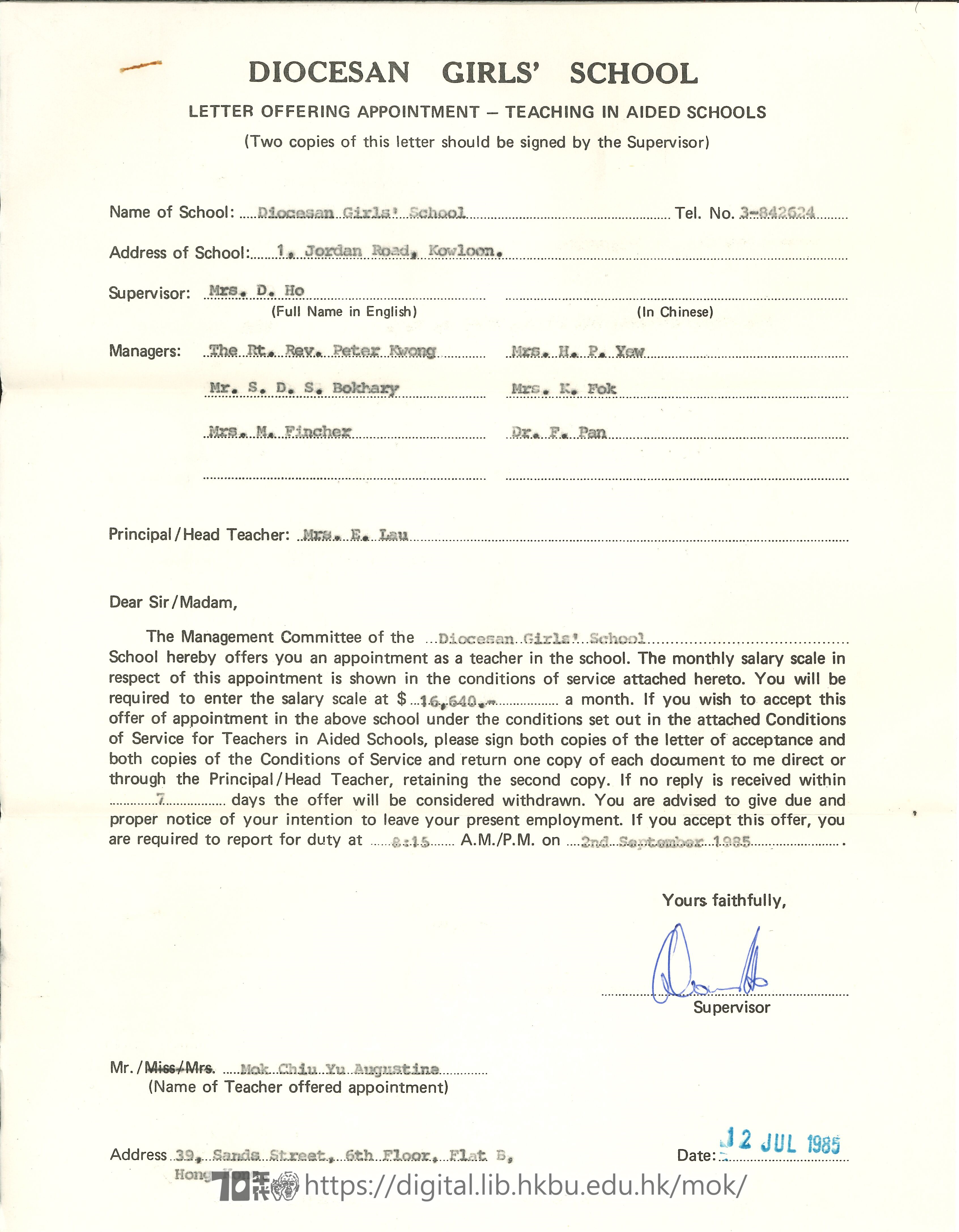   Appointment letter form Diocesan Girl