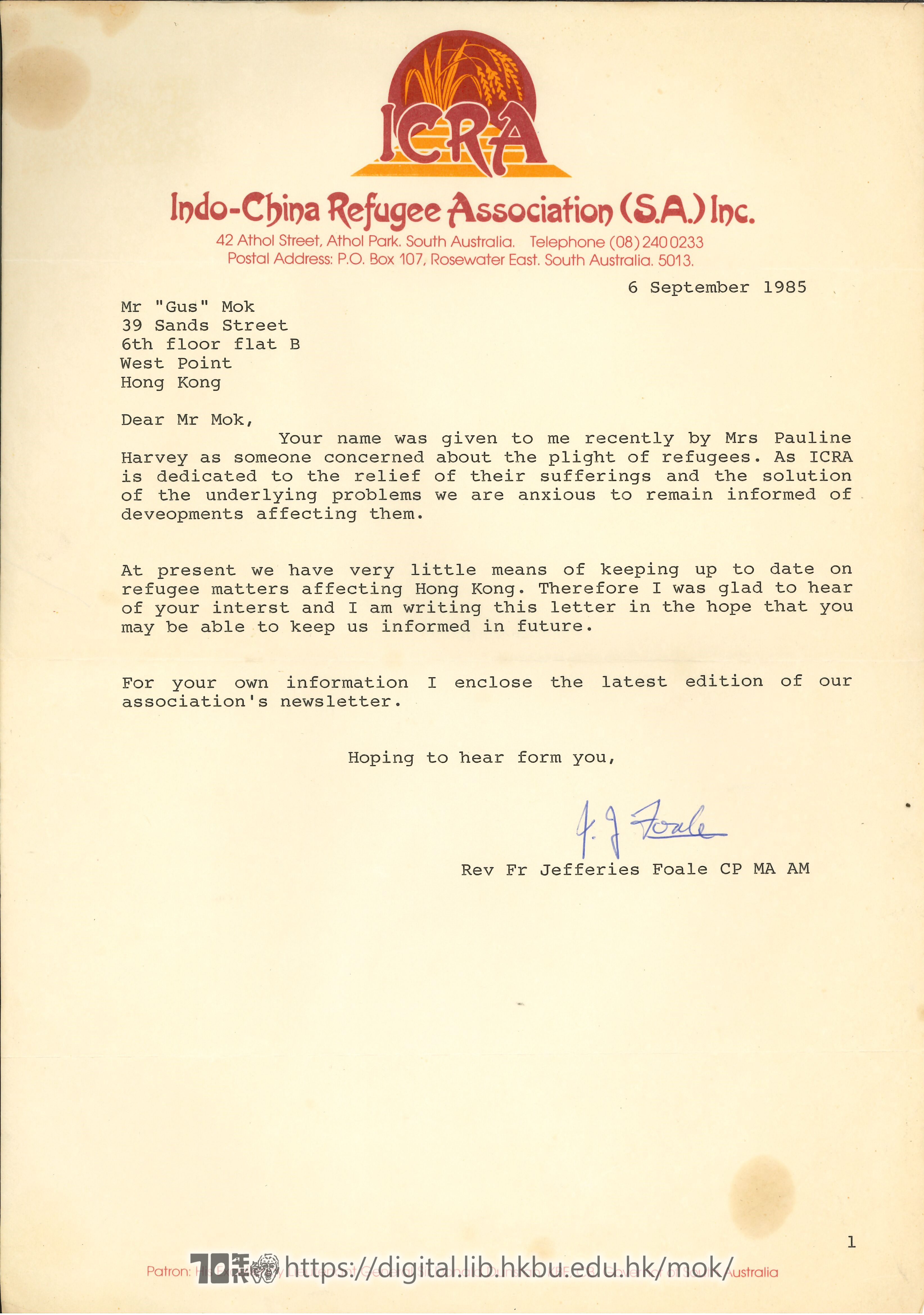   Letter from F.J. Foale to Mok Chiu Yu F, O.M. 