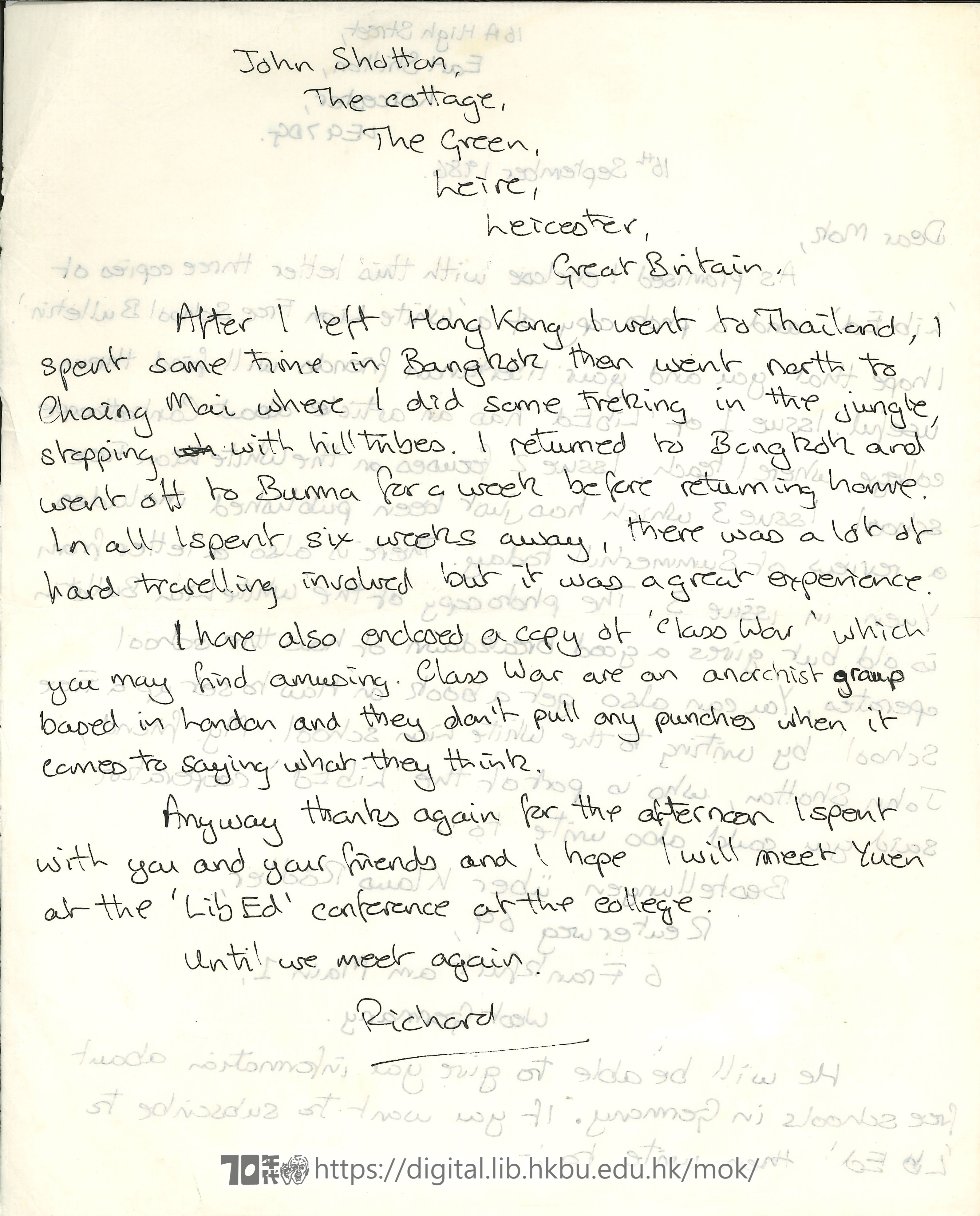   Letter from Richard to Mok Chiu Yu Richard 