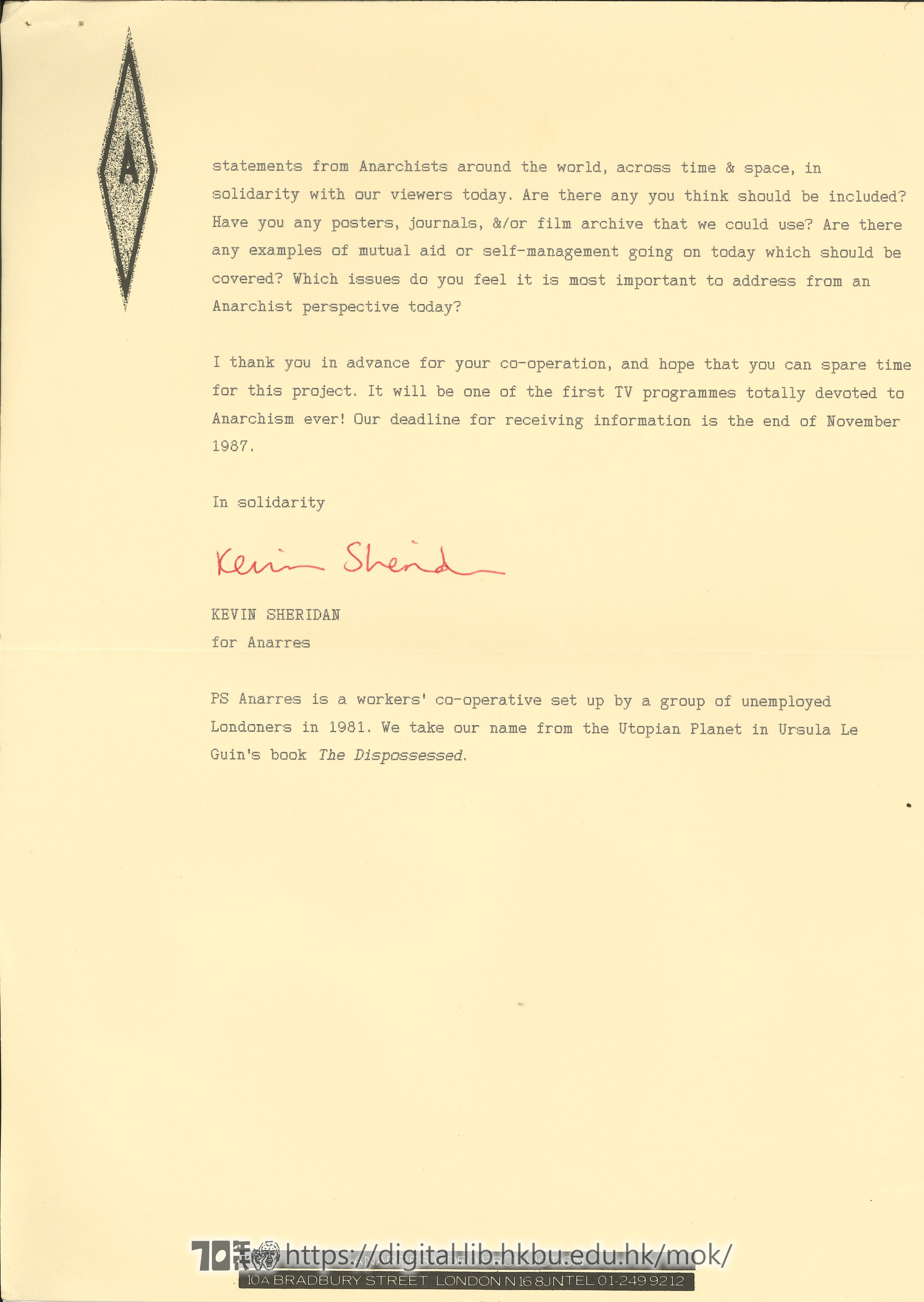   Letter from Kevin Sheridan to Hong Kong People
