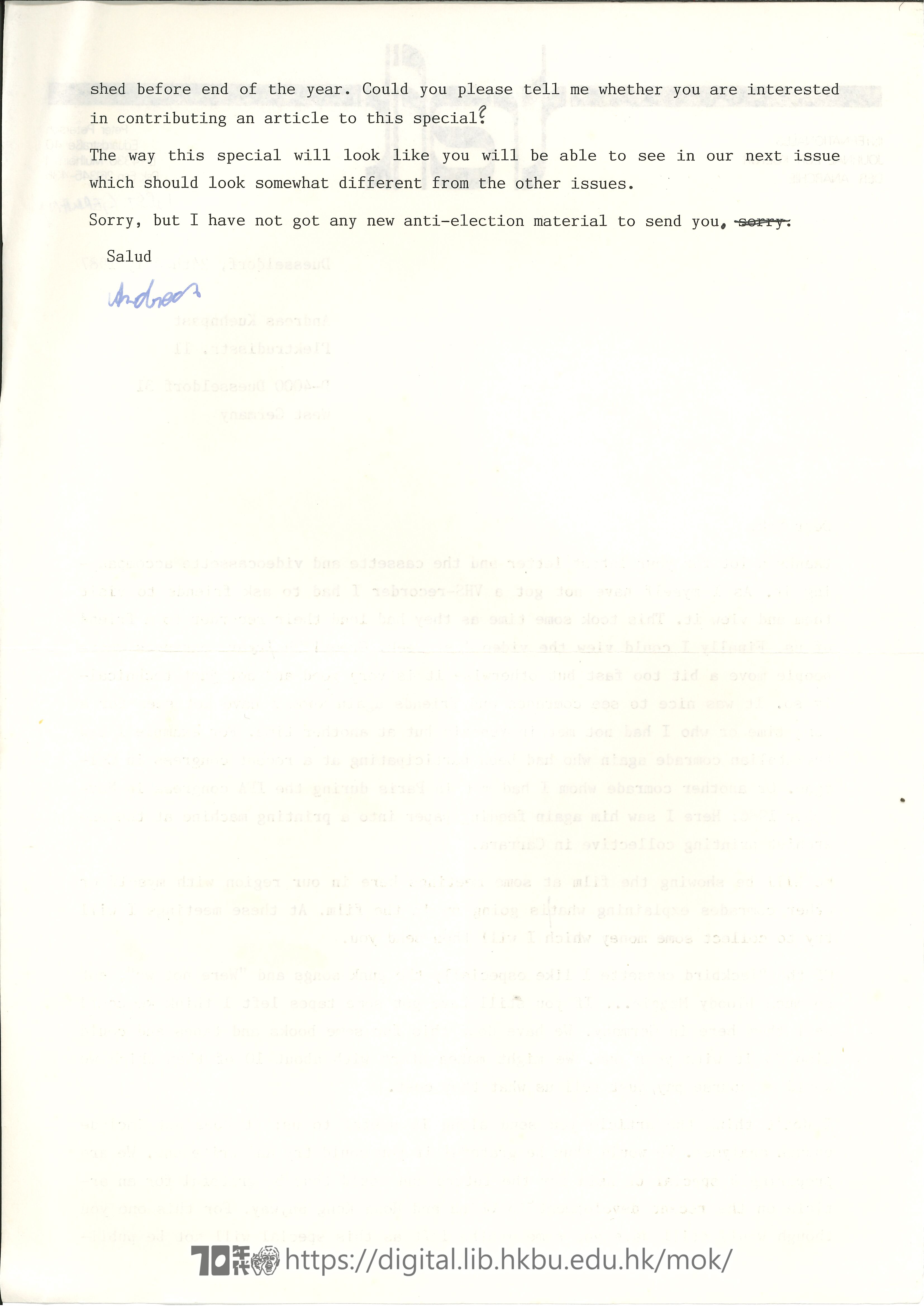  Letter from Andreas Kuehnpast to Mok Chiu Yu and Quo KUEHNPAST, Andreas 