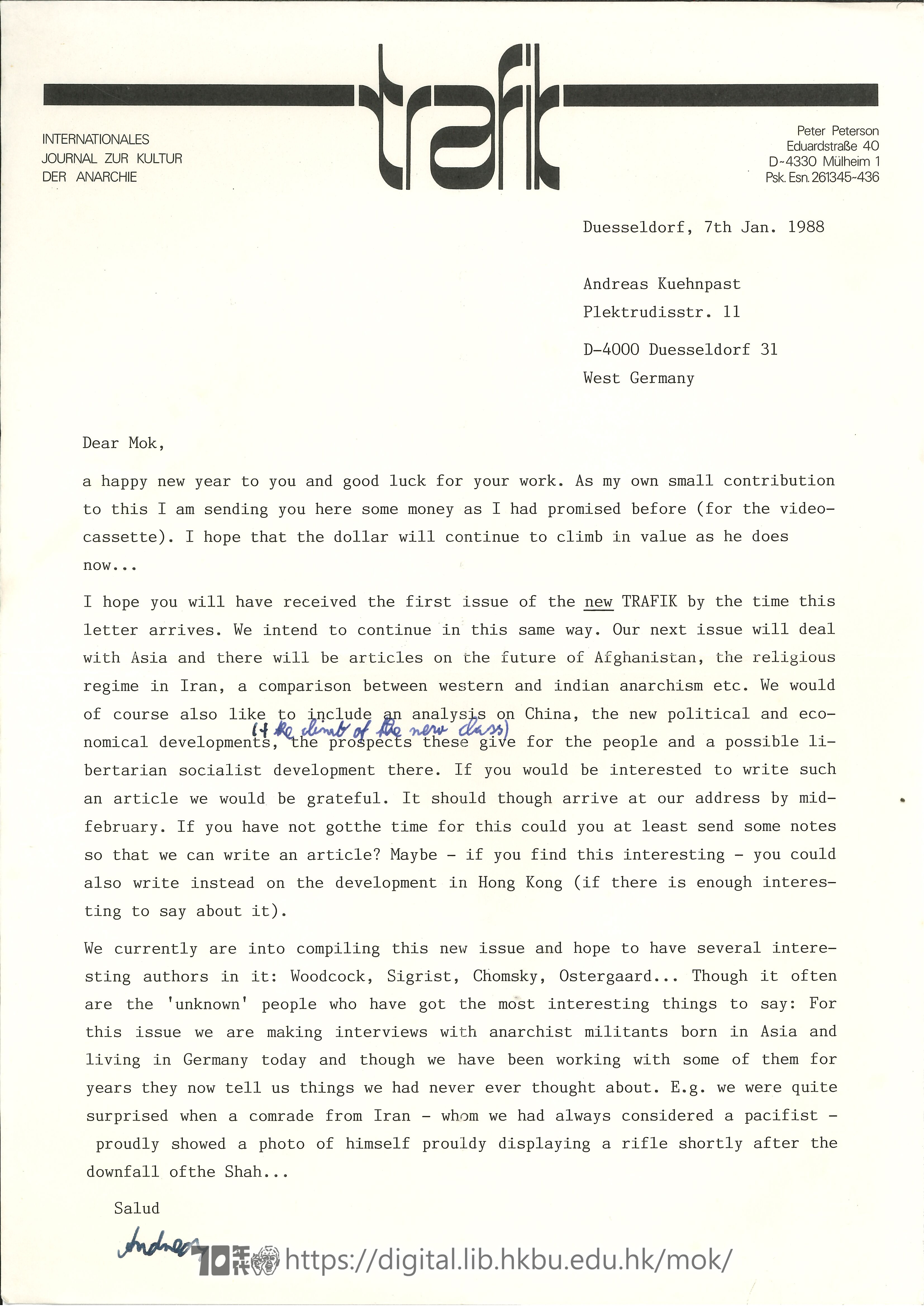   Letter from Andreas Kuehnpast to Mok Chiu Yu and Quo KUEHNPAST, Andreas 
