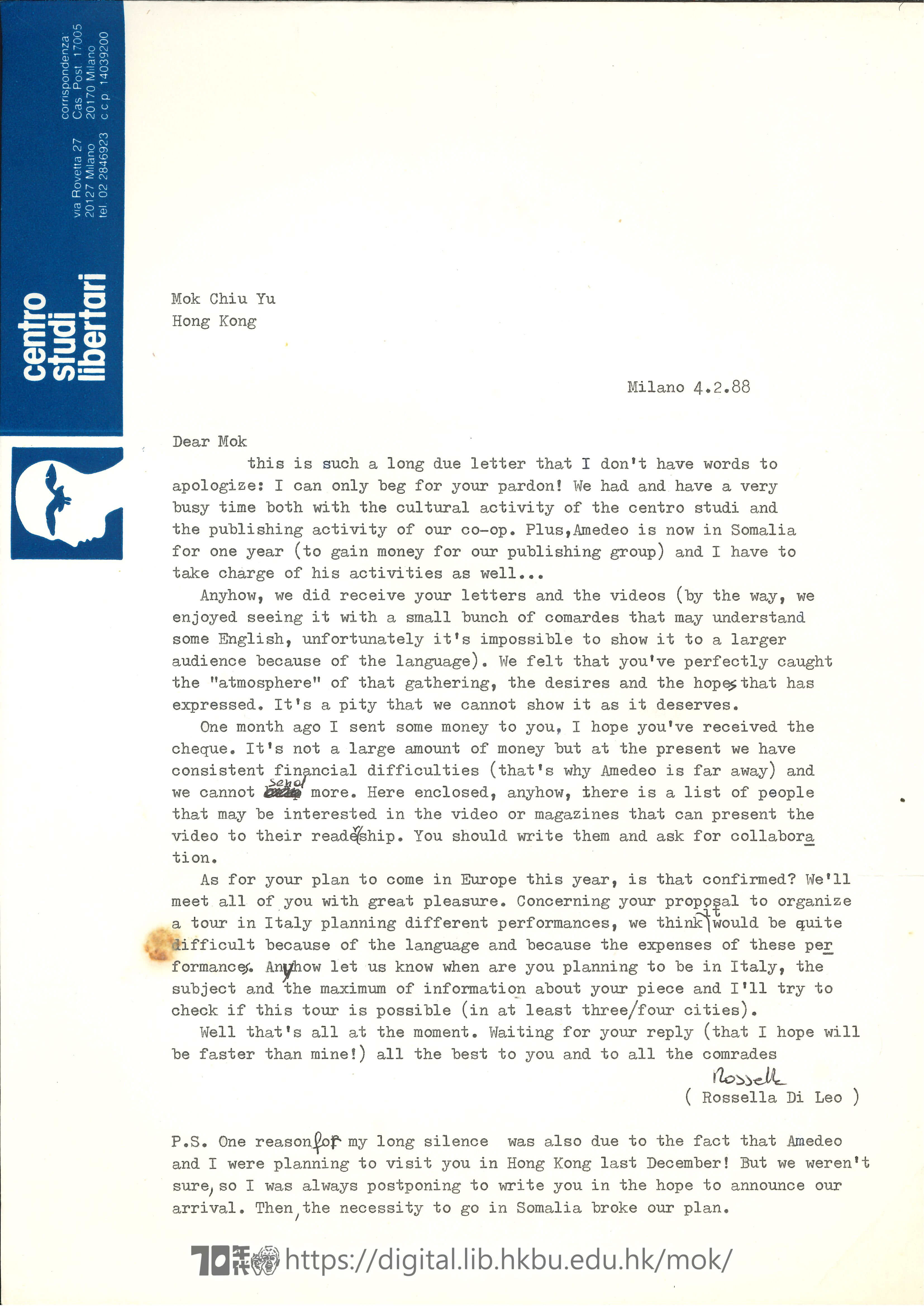   Letter from Rossella Di Leo to Mok Chiu Yu ROSSELLA, O.M. 