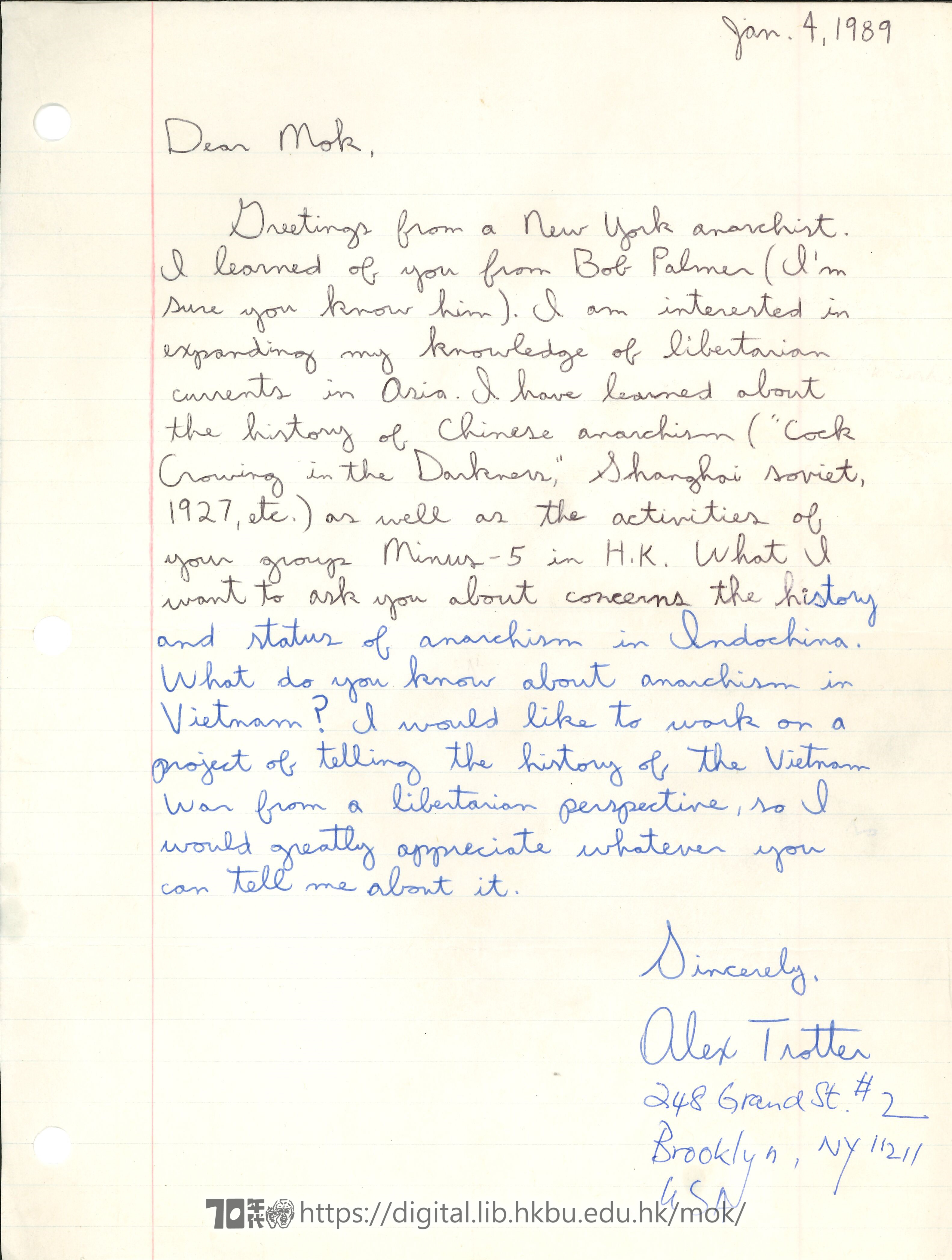   Letter from Alex Trotter to Mok Chiu Yu TROTTER, Alex 