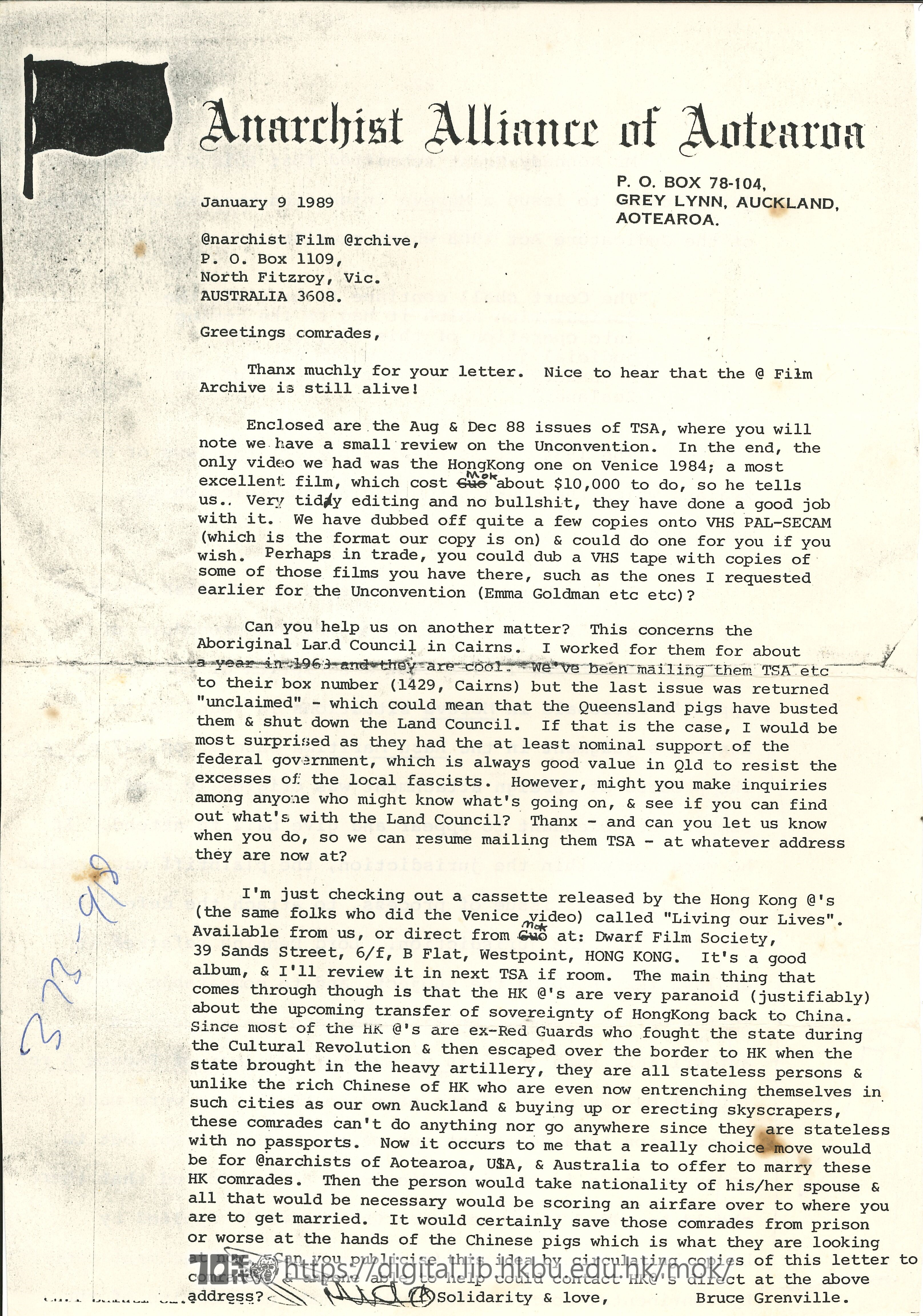   Letter from Bruce Grenville to Mok Chiu Yu GRENVILLE, Bruce 