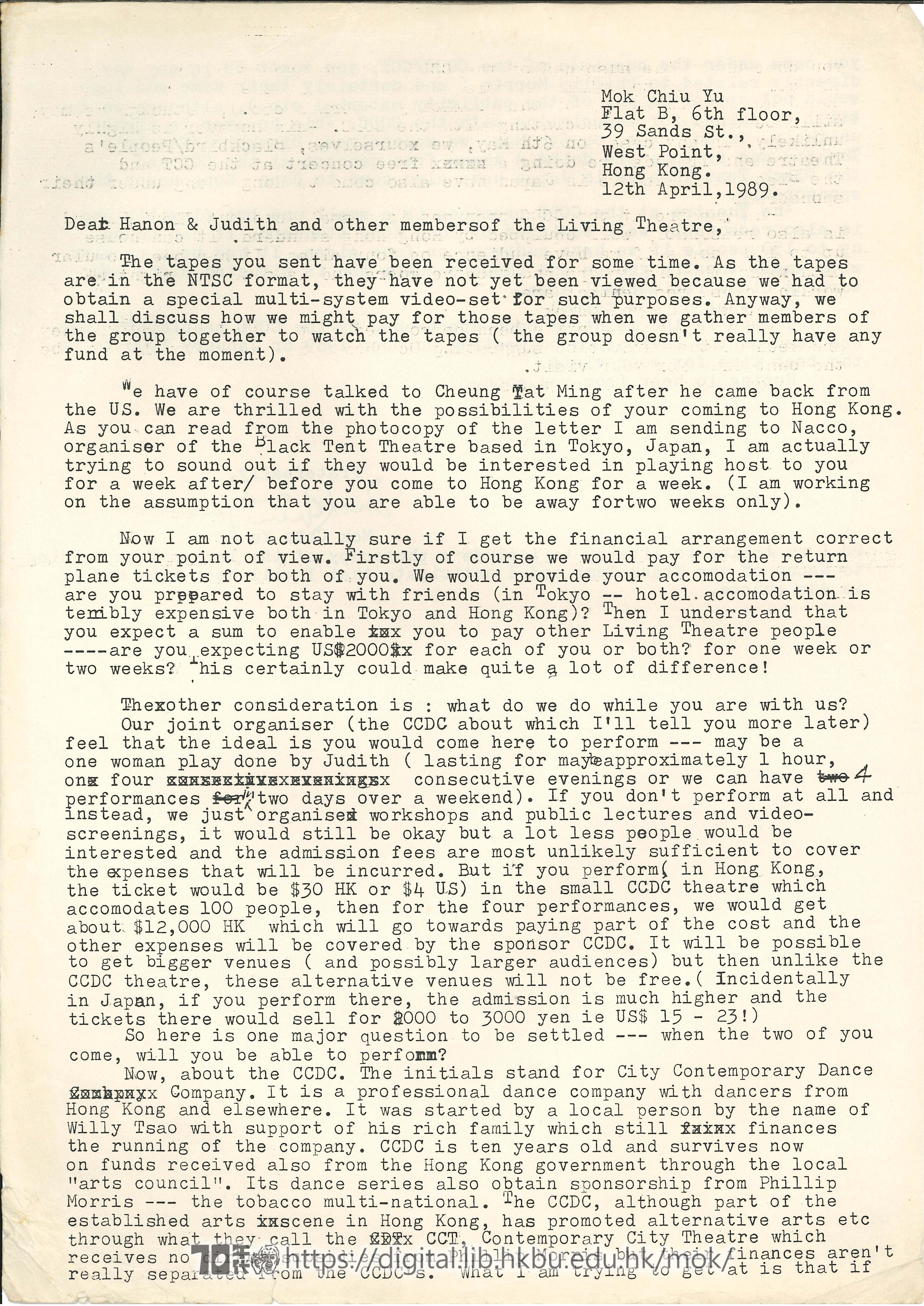   Letter from Mok Chiu Yu to Judith Beck and other comrades and friends of the Living Theatre MOK, Chiu Yu 