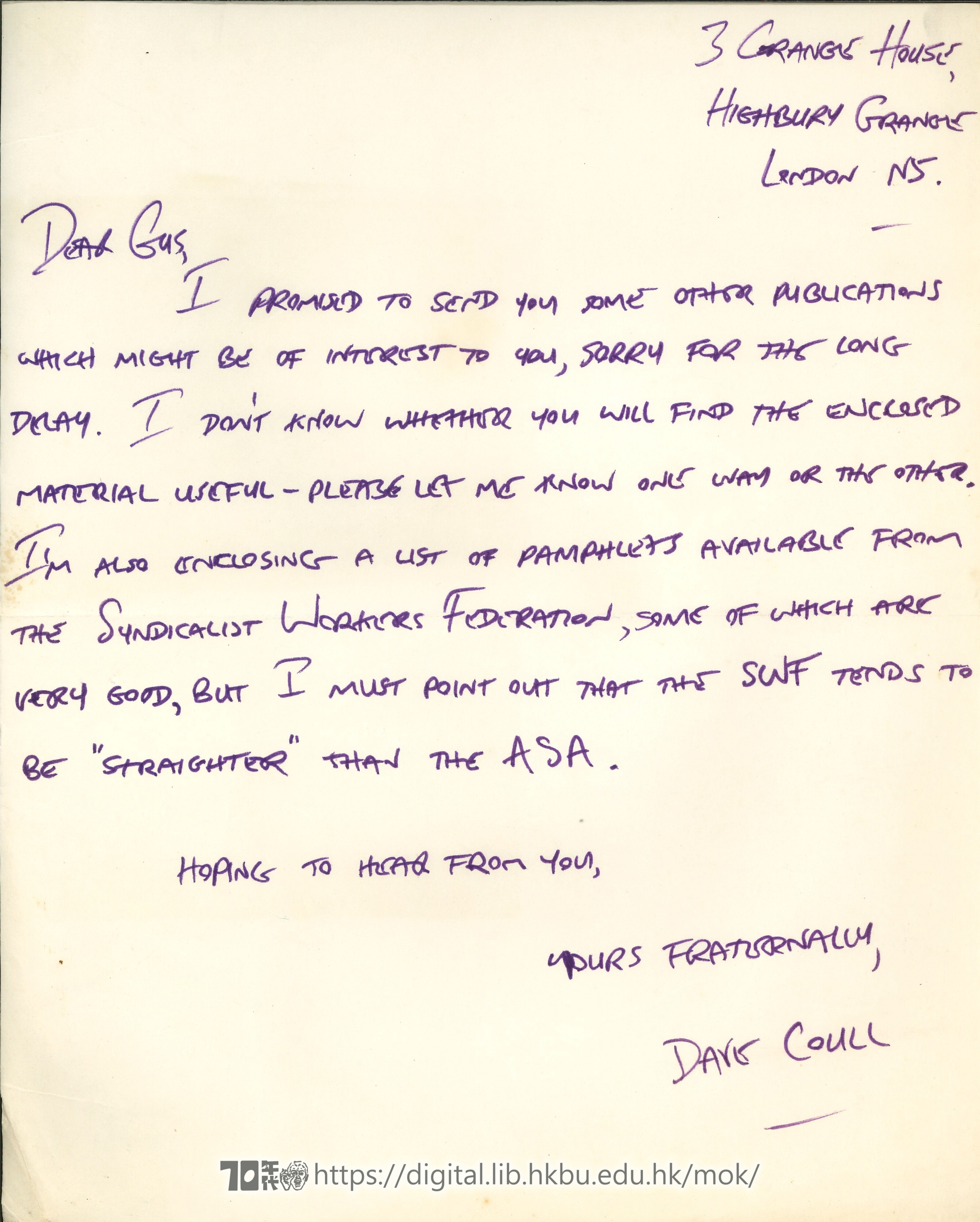   Letter from Dave Coull (ASA) to Mok Chiu Yu COUIL, Dave 