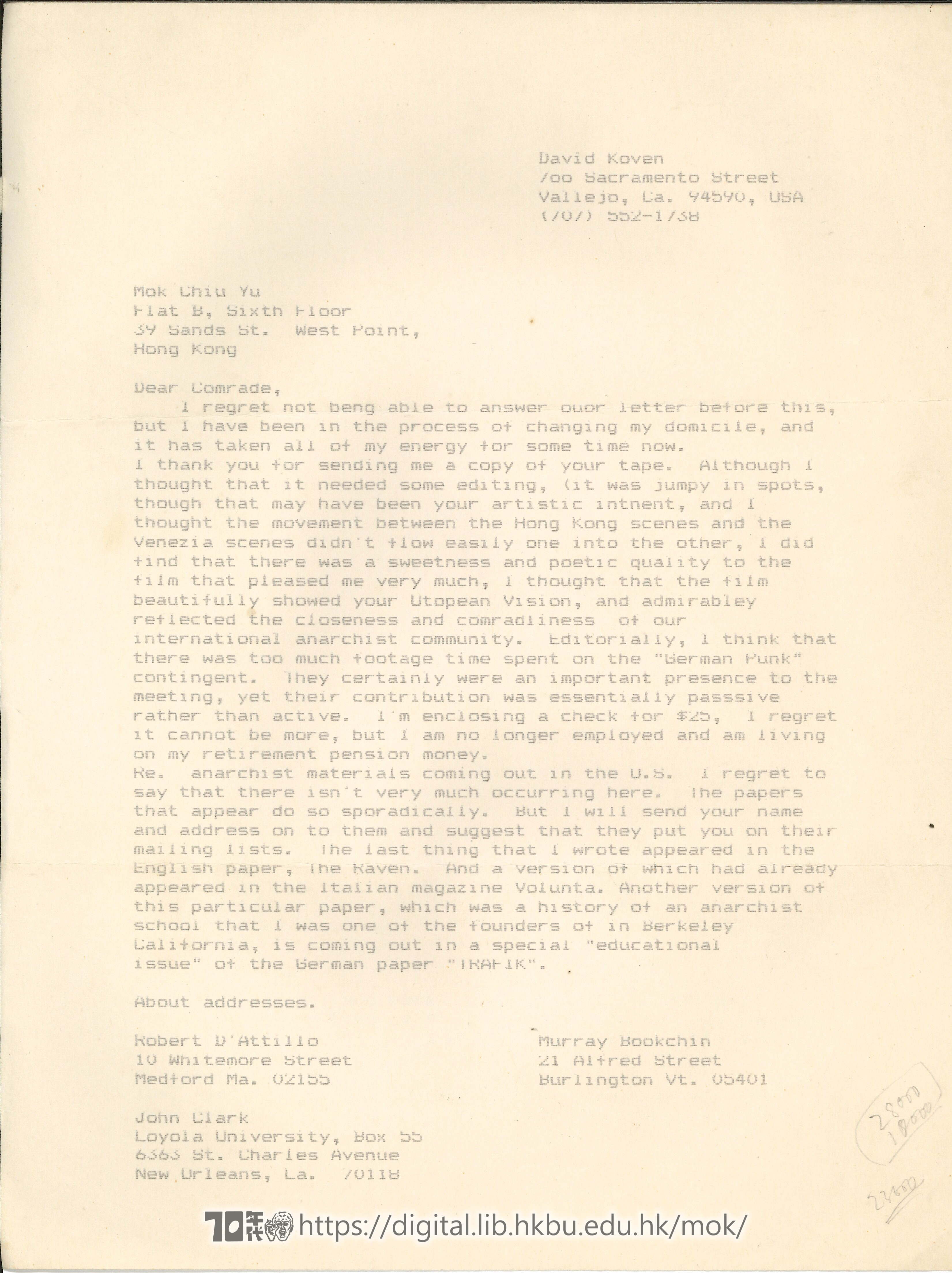   Letter from David Koven to Mok Chiu Yu KOVEN, David 