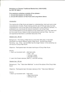 Cry of Asia Outline of Workshop on Chinese traditional martial arts (Nan Kune) for Cry Of Asia 3  
