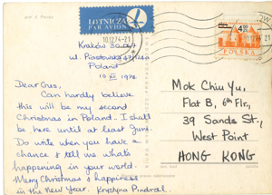  Postcard from Krystina Pindral to Mok Chiu Yu Krokow 