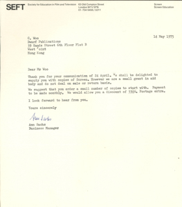  Letter from Anna Sachs, Society for Education in Film and Television to Mr Woo SACHS, Anna 