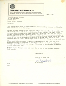  Letter from F. Feinstein, Crystal Pictures FEINSTEIN, F. 