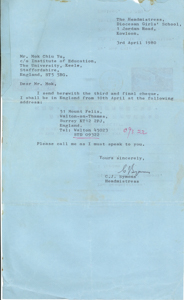  Letter from C.J. Symons to Mok Chiu Yu SYMONS, C.J. 