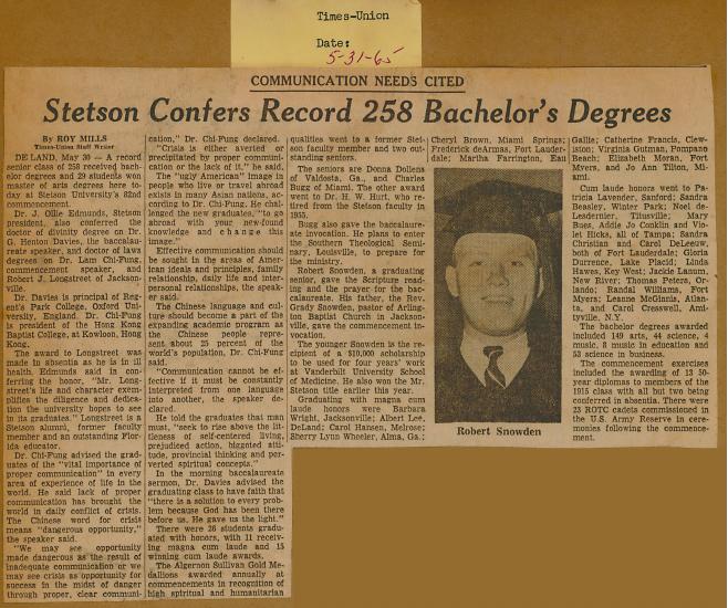 Communication Needs Cited, Stetson Confers Record 258 Bachelor's Degrees