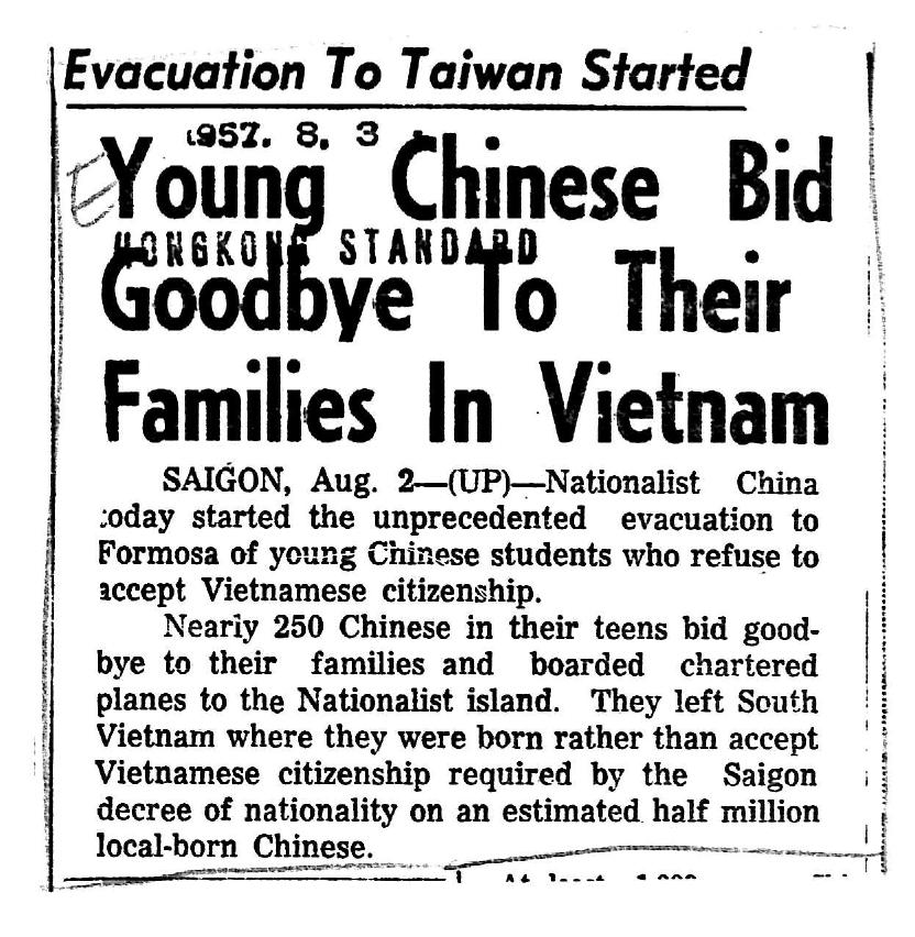 EVACUATION TO TAIWAN STARTED, YOUNG CHINESE BID GOODBYE TO THEIR FAMILIES IN VIETNAM