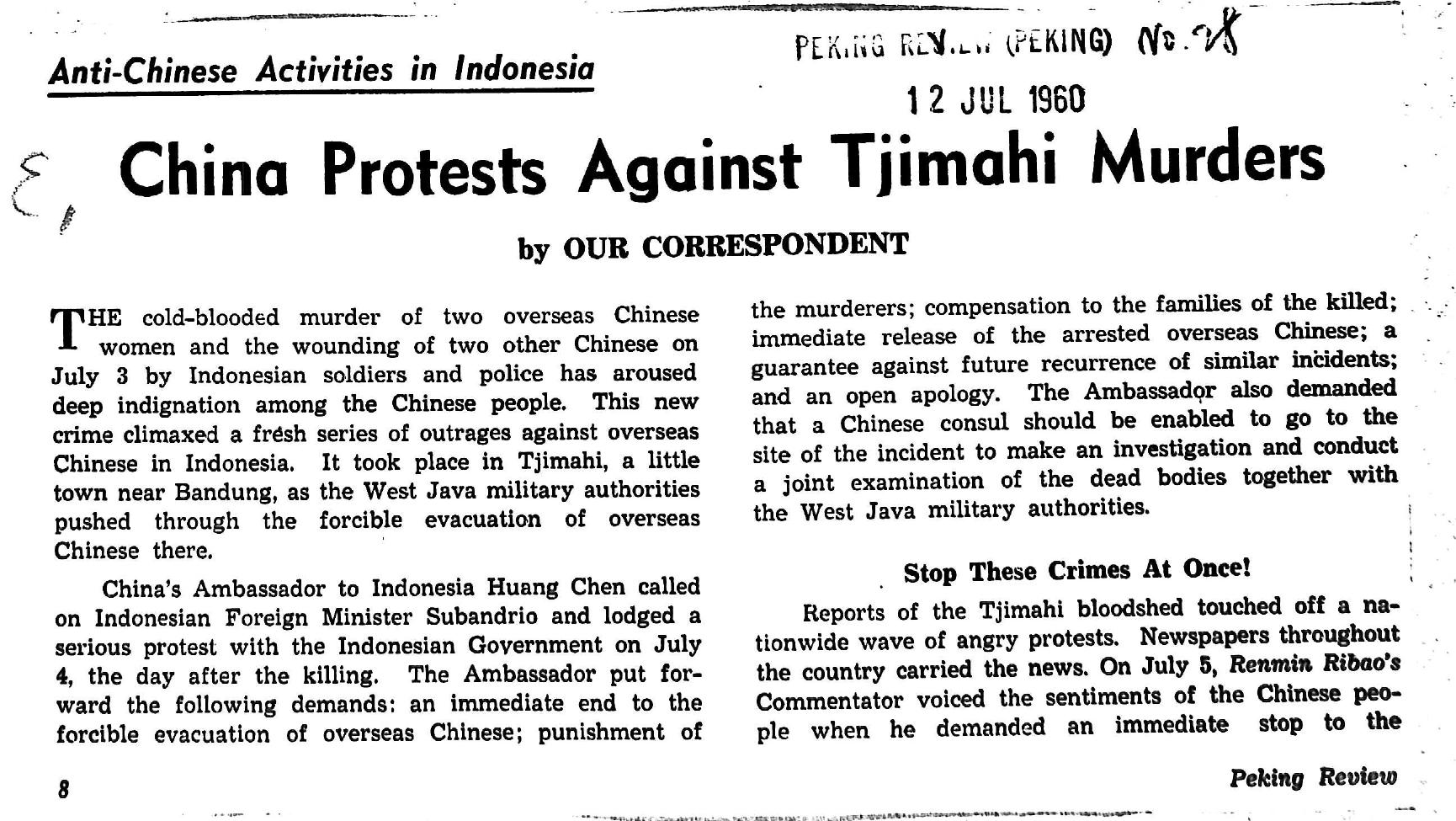 ANTI-CHINESE ACTIVITIES IN INDONESIA, CHINA PROTESTS AGAINST TJIMAHI MURDERS